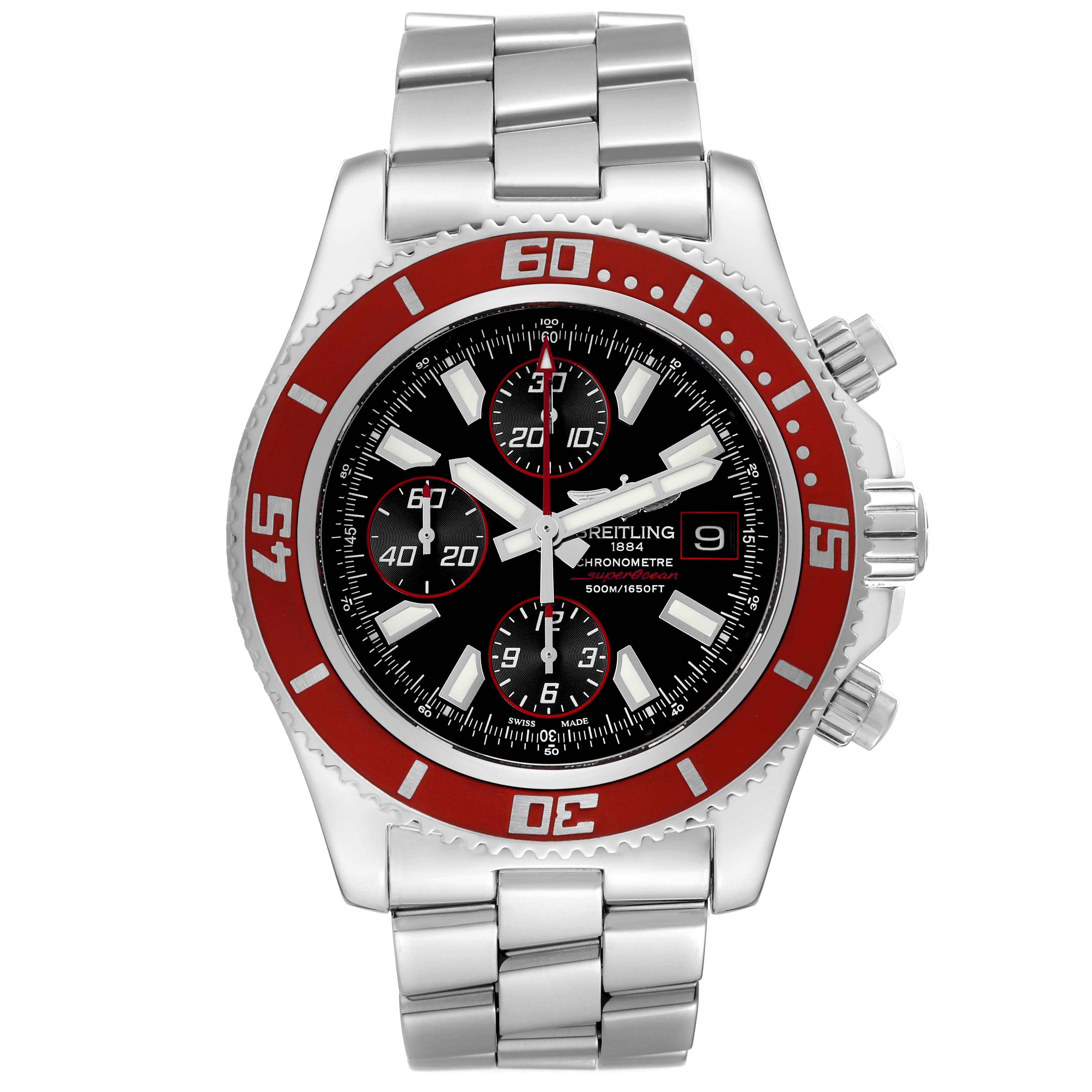The Breitling Superocean A13341 Men's Stainless Steel Black Dial A13341 Men's Stainless Steel Black Dial watch is shown from the front, featuring its bezel, dial, and chronograph sub-dials.