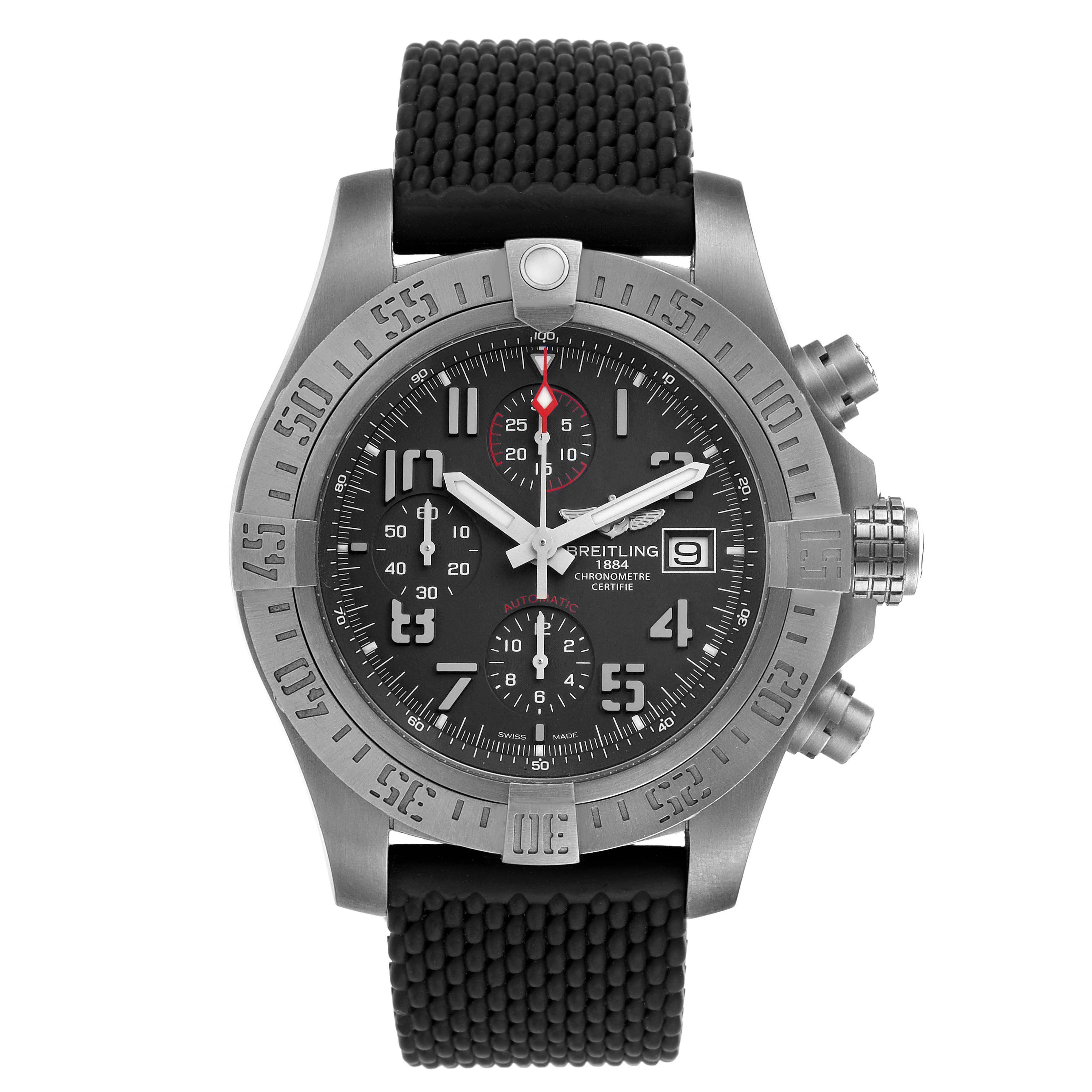 The image shows a front view of a Breitling Avenger E13383 Men's Titanium Grey Dial E13383 Men's Titanium Grey Dial watch, highlighting its dial, bezel, chronograph subdials, and strap.
