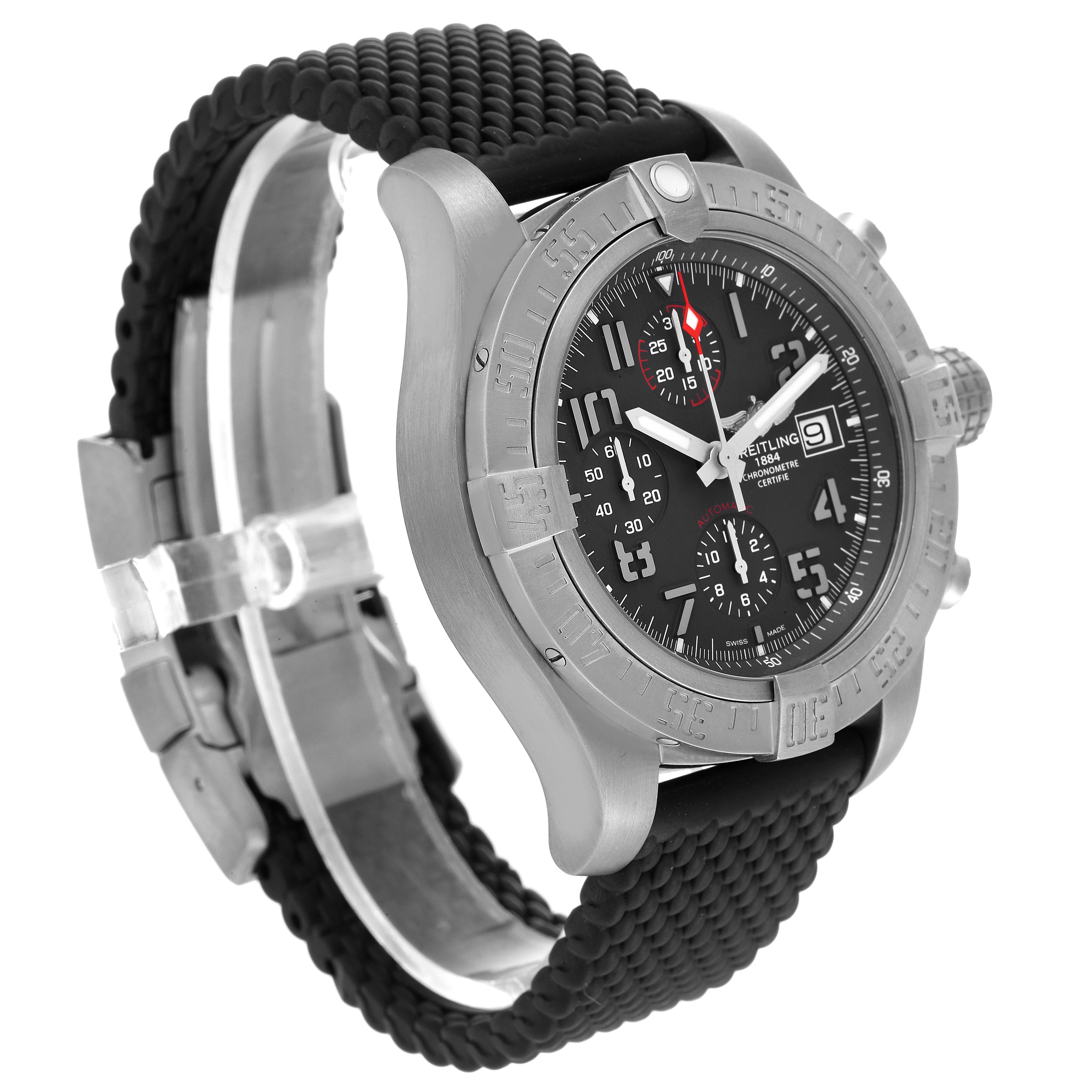 This image shows a Breitling Avenger E13383 Men's Titanium Grey Dial E13383 Men's Titanium Grey Dial watch at a front-side angle, highlighting its bezel, dial, and black strap.