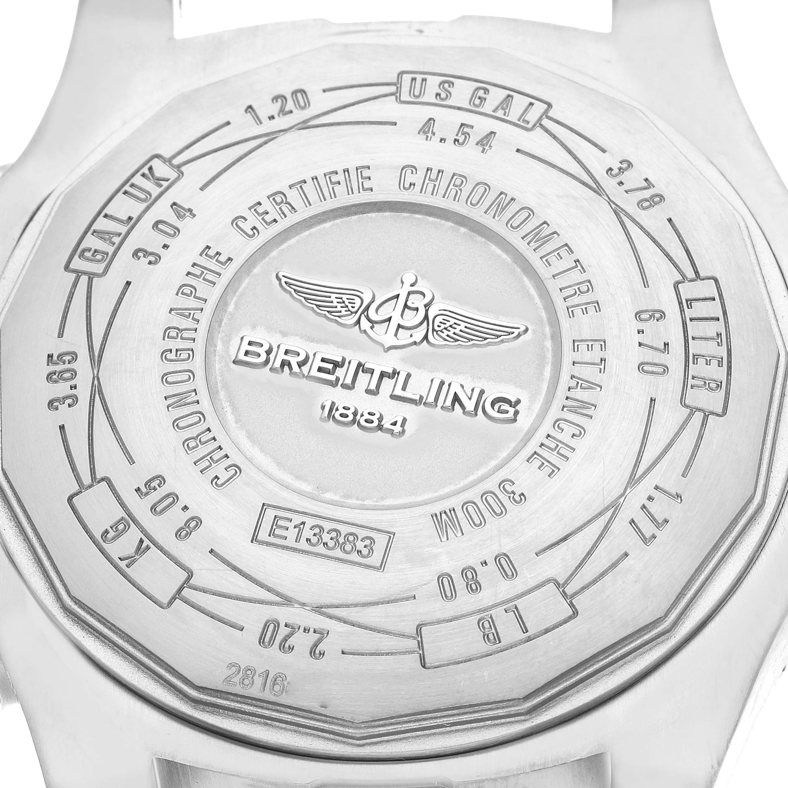 This image shows the back case of a Breitling Avenger E13383 Men's Titanium Grey Dial E13383 Men's Titanium Grey Dial watch with engravings and markings.