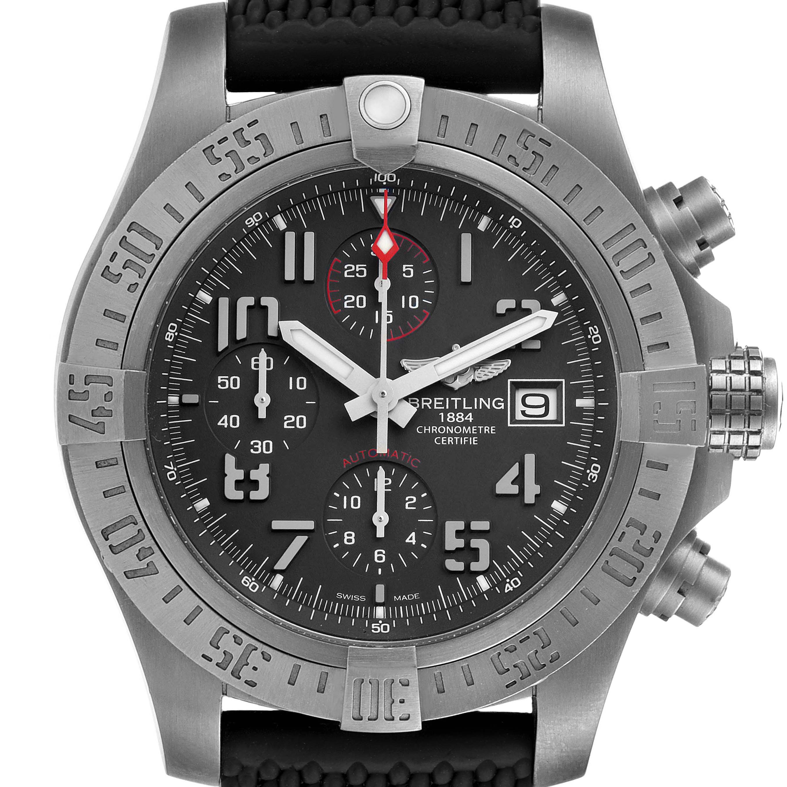 The Breitling Avenger E13383 Men's Titanium Grey Dial E13383 Men's Titanium Grey Dial watch is shown from a front angle, highlighting the face, bezel, and pushers.