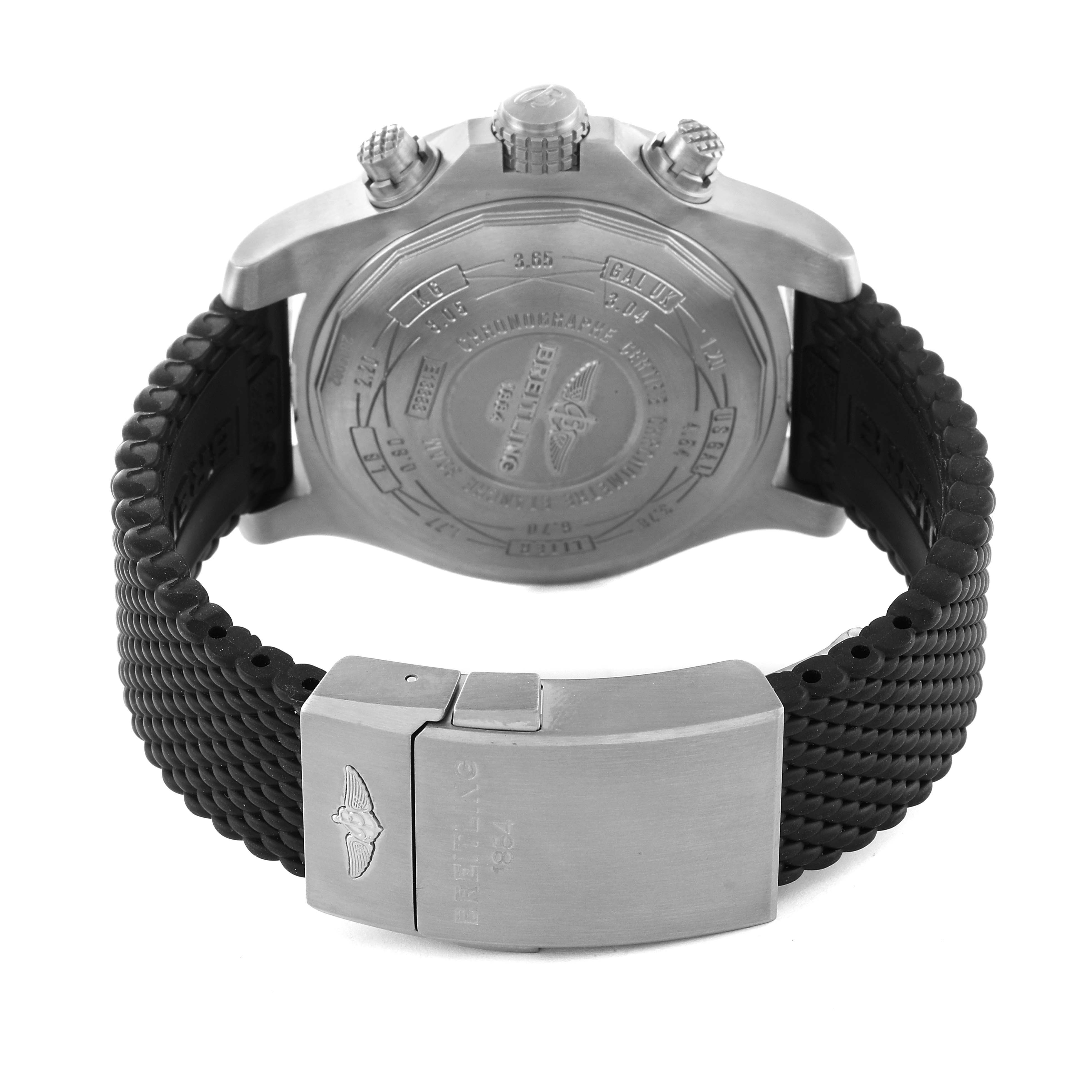 The image shows the back view of the Breitling Avenger E13383 Men's Titanium Grey Dial E13383 Men's Titanium Grey Dial watch, highlighting its case back and clasp.