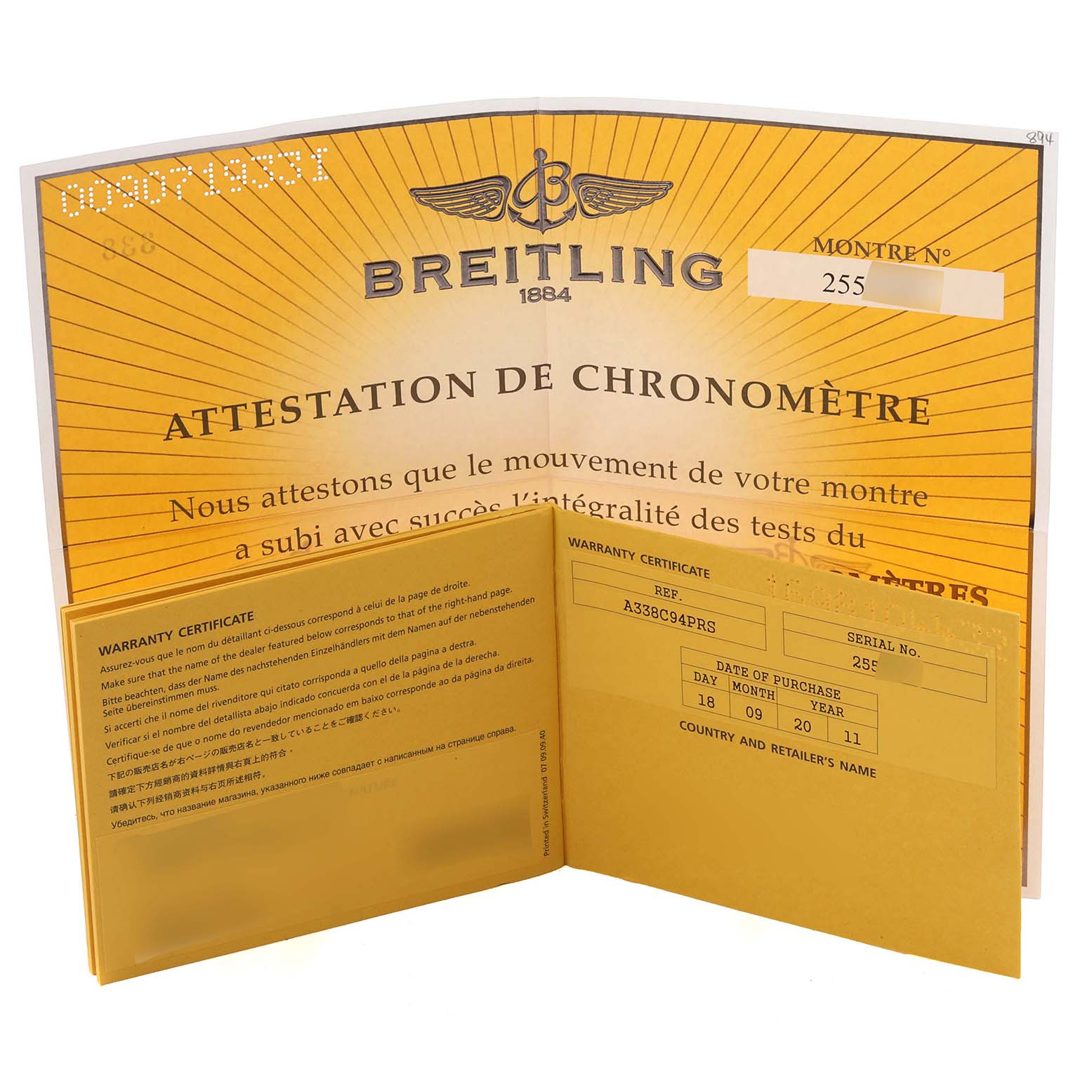 The image shows the warranty certificate and chronometer attestation for a Breitling Avenger A13380 / A338C94PRS Men's Stainless Steel Blue Dial A13380 / A338C94PRS Men's Stainless Steel Blue Dial watch.