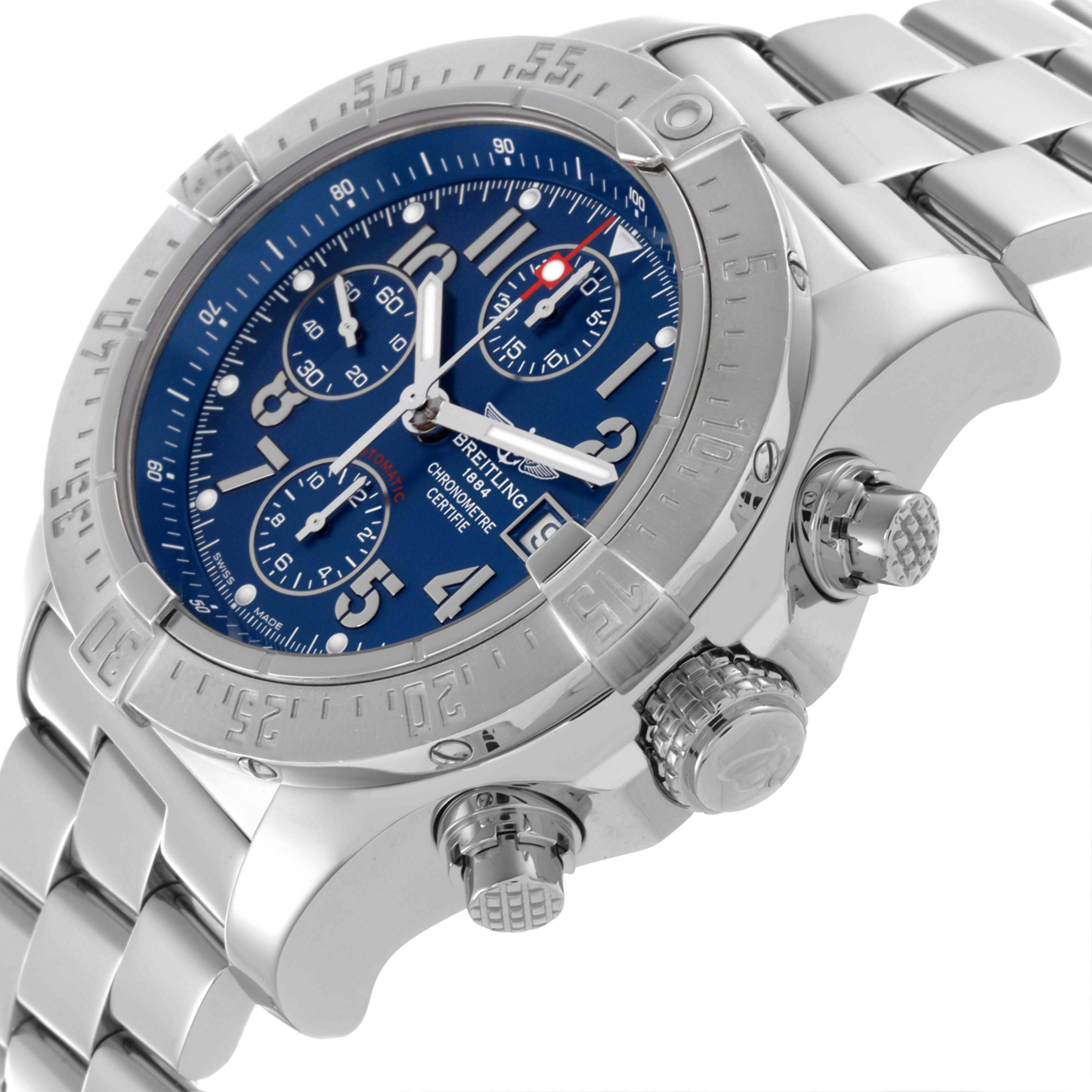 The Breitling Avenger A13380 / A338C94PRS Men's Stainless Steel Blue Dial A13380 / A338C94PRS Men's Stainless Steel Blue Dial watch is shown from a three-quarter angle, highlighting the bezel, dial, crown, and pushers.
