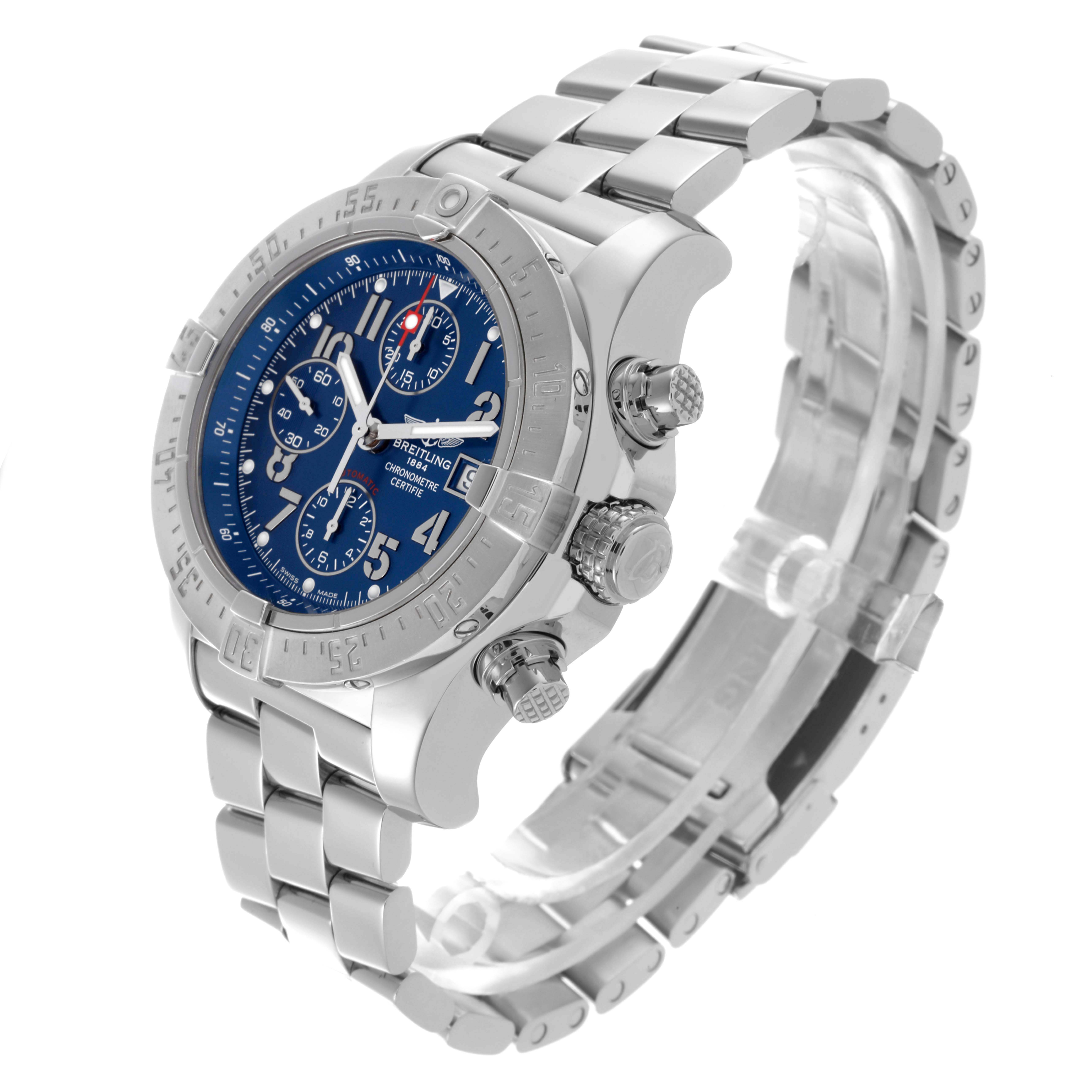 The Breitling Avenger A13380 / A338C94PRS Men's Stainless Steel Blue Dial A13380 / A338C94PRS Men's Stainless Steel Blue Dial watch is shown at a 3/4 angle, highlighting the dial, bezel, crown, chronograph pushers, and bracelet.