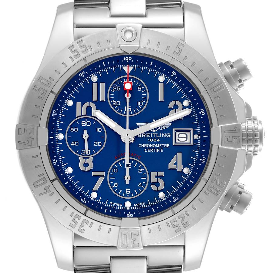 The image shows a front view of the Breitling Avenger watch, highlighting the blue dial, bezel, and stainless steel bracelet.