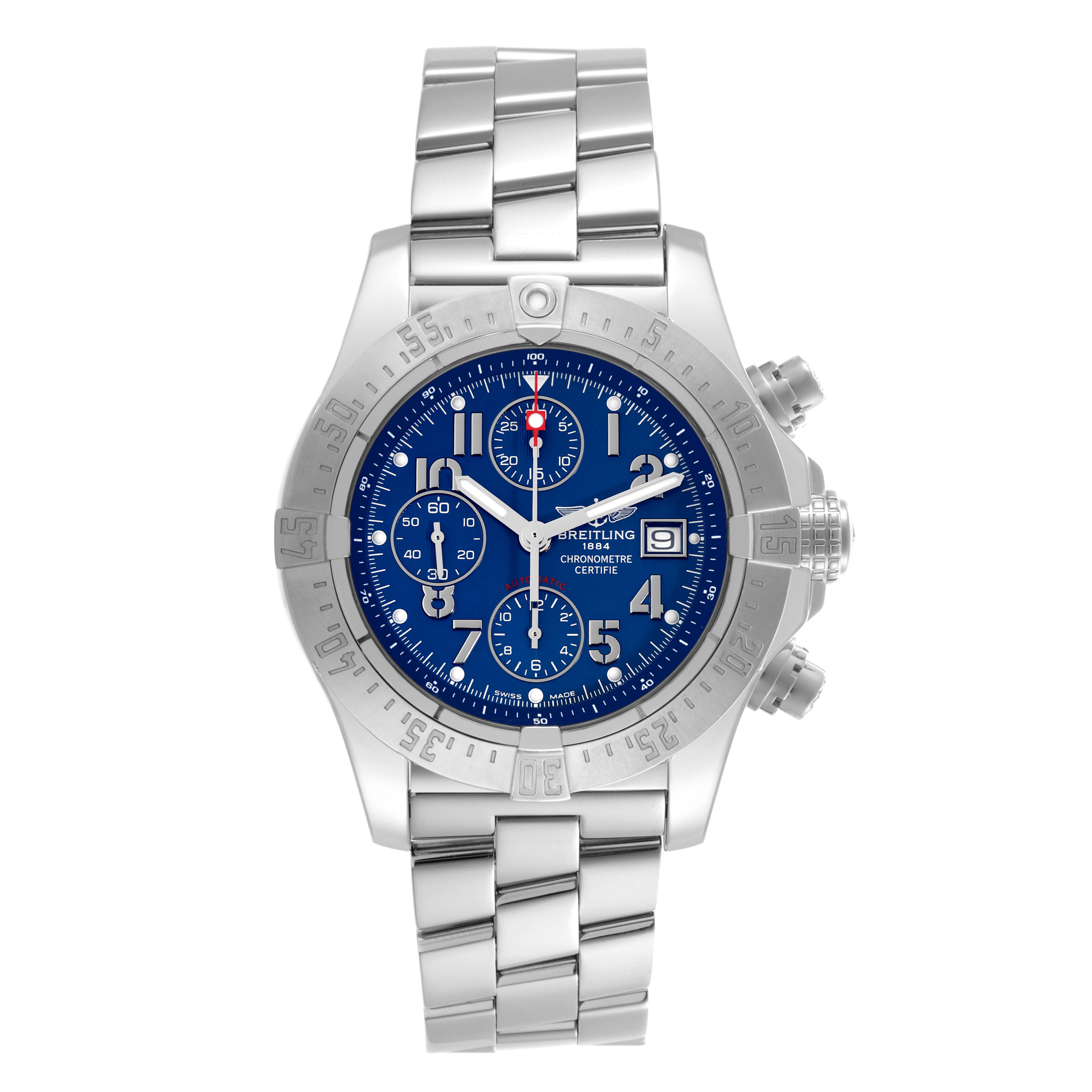 The Breitling Avenger A13380 / A338C94PRS Men's Stainless Steel Blue Dial A13380 / A338C94PRS Men's Stainless Steel Blue Dial watch is shown from a frontal angle, displaying its blue dial, bezel, chronograph, and metal bracelet.