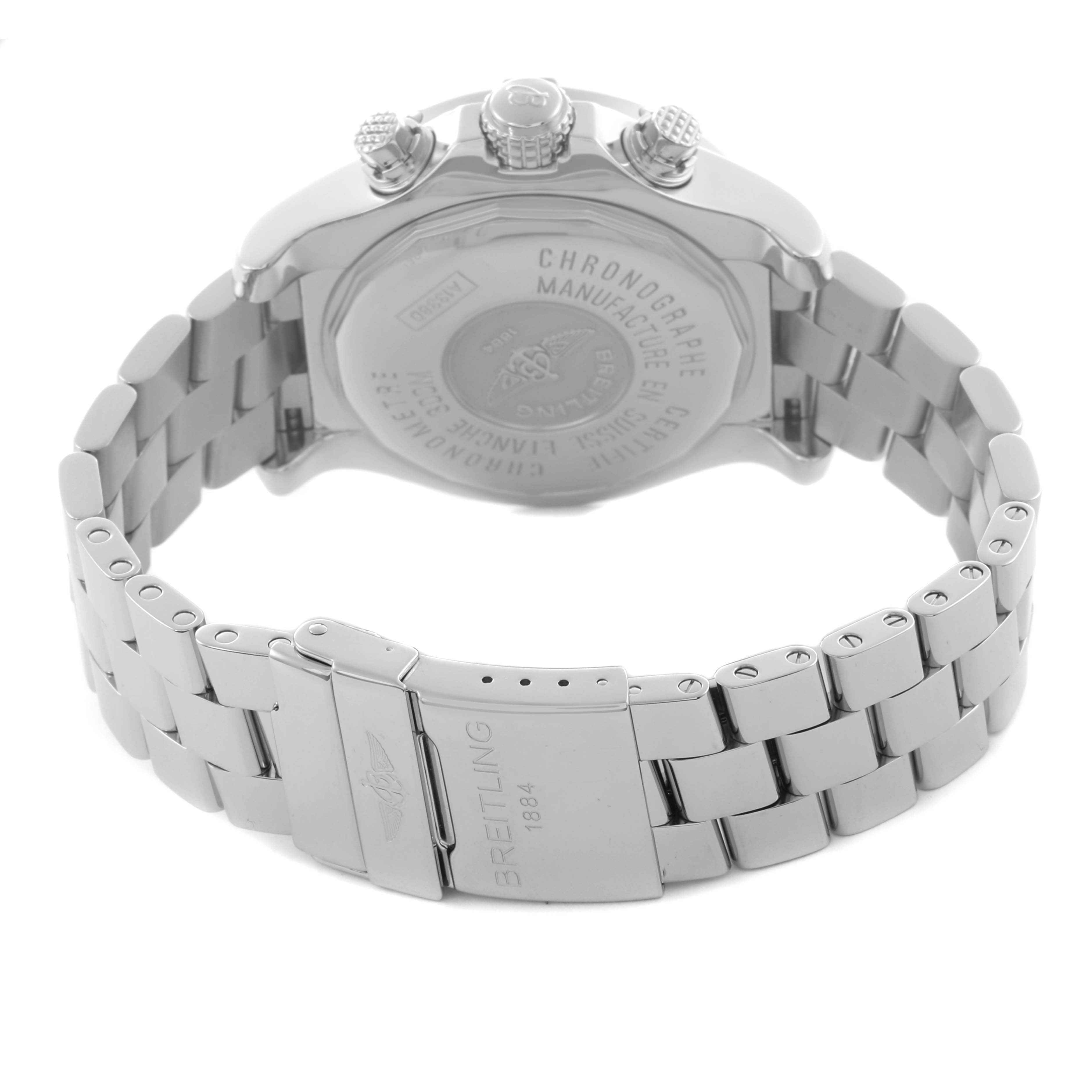 The image shows the back case, crown, and clasp of the Breitling Avenger A13380 / A338C94PRS Men's Stainless Steel Blue Dial A13380 / A338C94PRS Men's Stainless Steel Blue Dial watch from a rear angle.