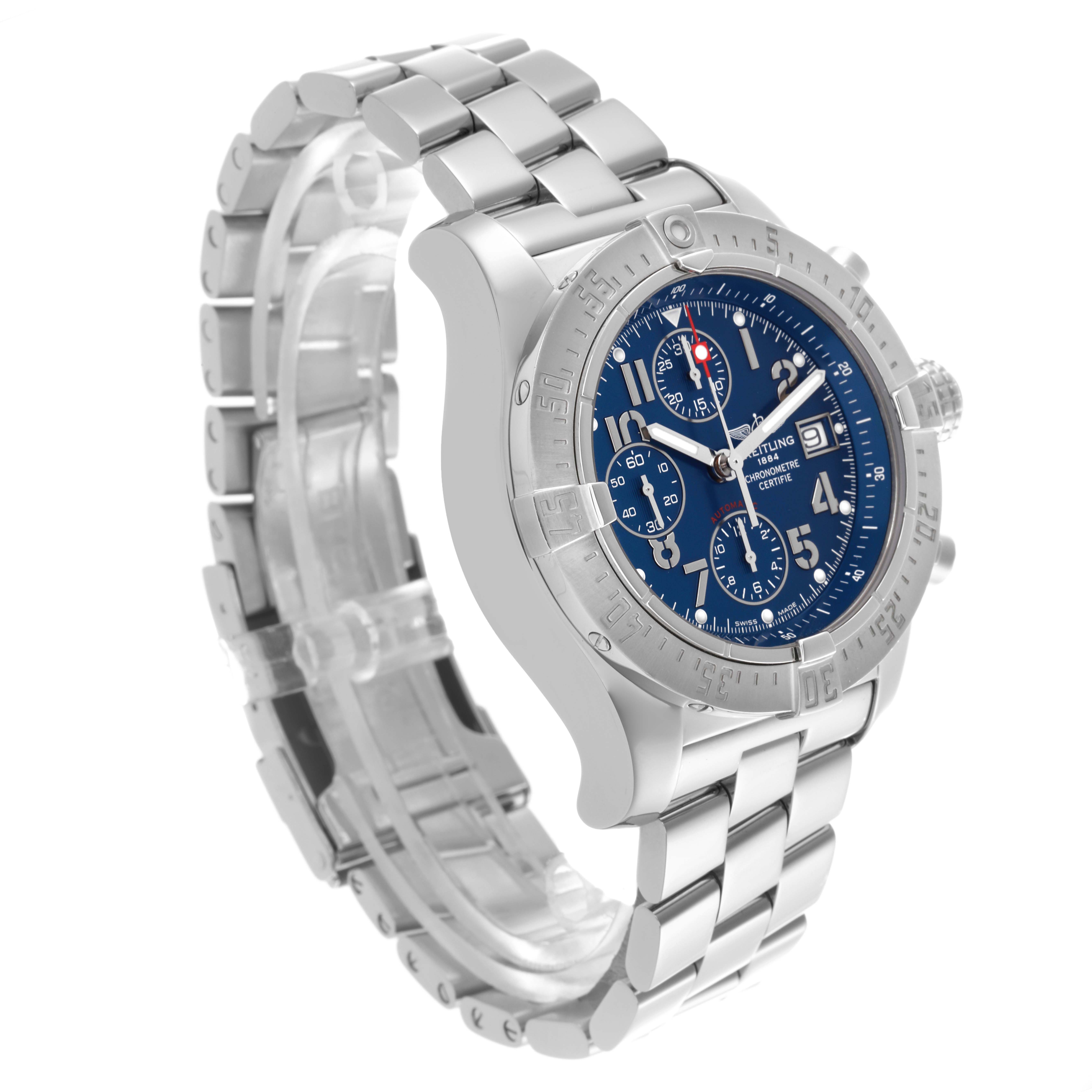 The image shows a Breitling Avenger A13380 / A338C94PRS Men's Stainless Steel Blue Dial A13380 / A338C94PRS Men's Stainless Steel Blue Dial watch at a three-quarter angle, highlighting the face, bezel, crown, and part of the bracelet.