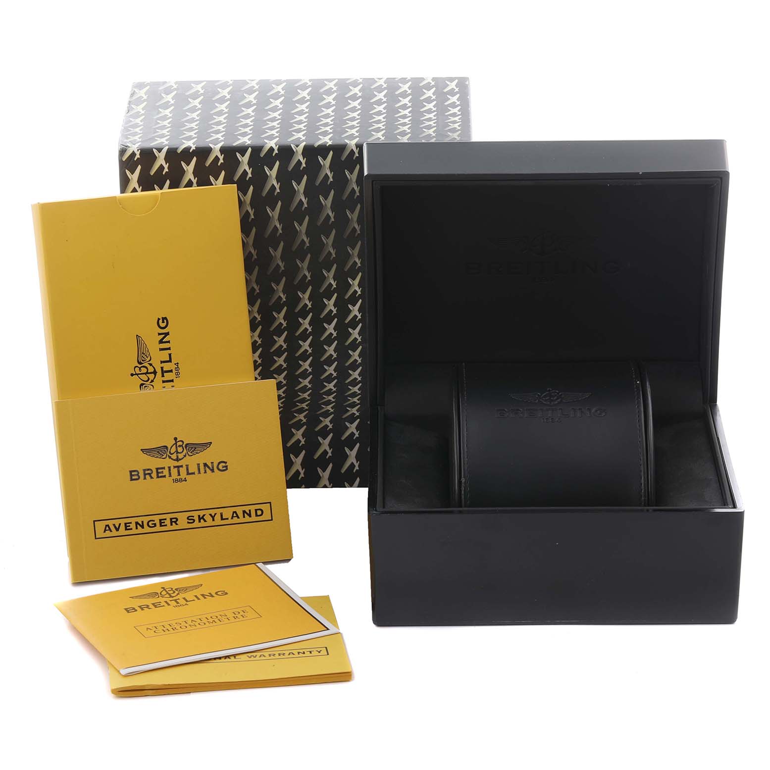 The image shows the Breitling Avenger A13380 / A338C94PRS Men's Stainless Steel Blue Dial A13380 / A338C94PRS Men's Stainless Steel Blue Dial watch box, packaging, and related booklets from the front angle.