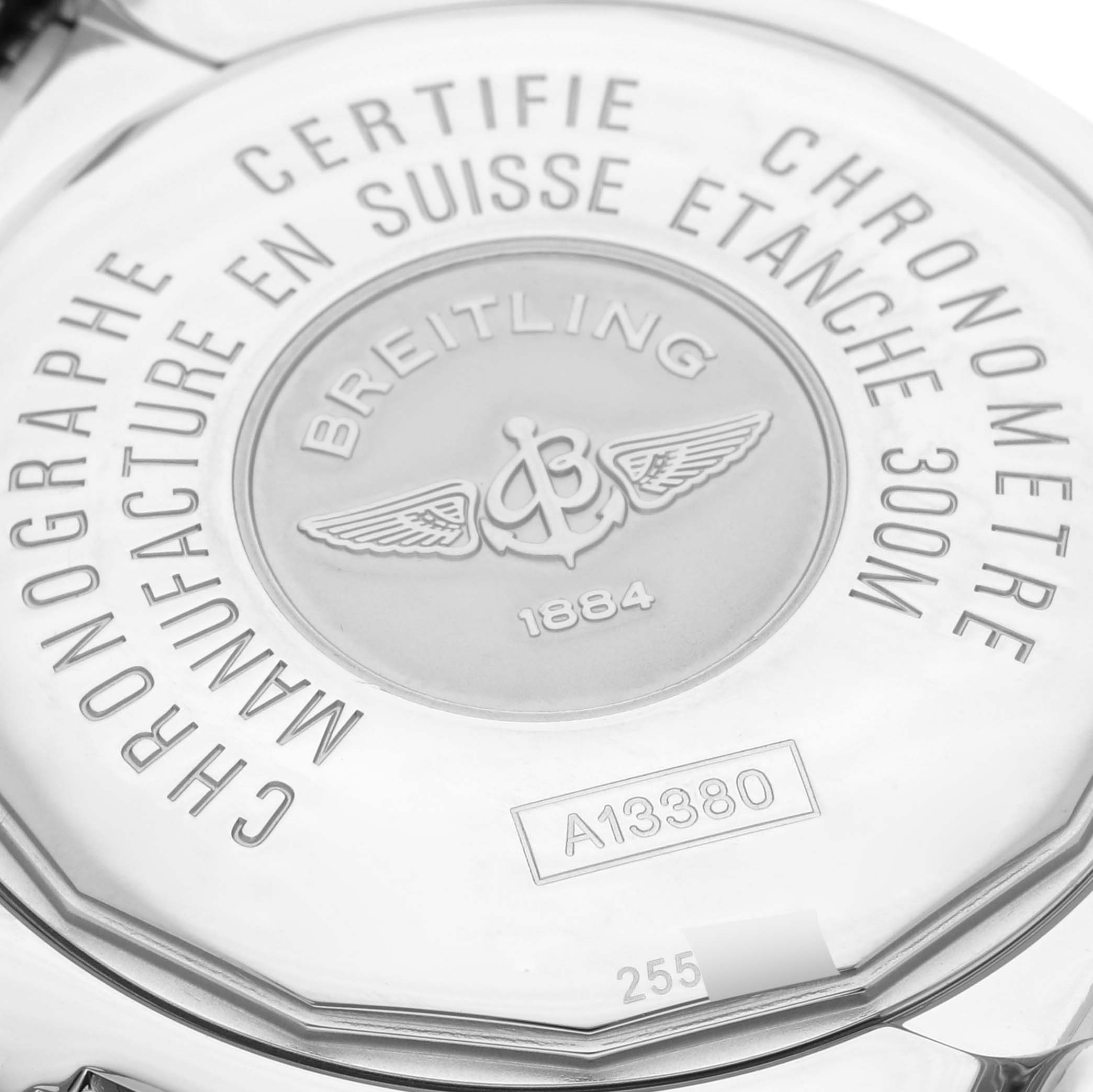 The image shows the back case of a Breitling Avenger A13380 / A338C94PRS Men's Stainless Steel Blue Dial A13380 / A338C94PRS Men's Stainless Steel Blue Dial watch with engraved details.