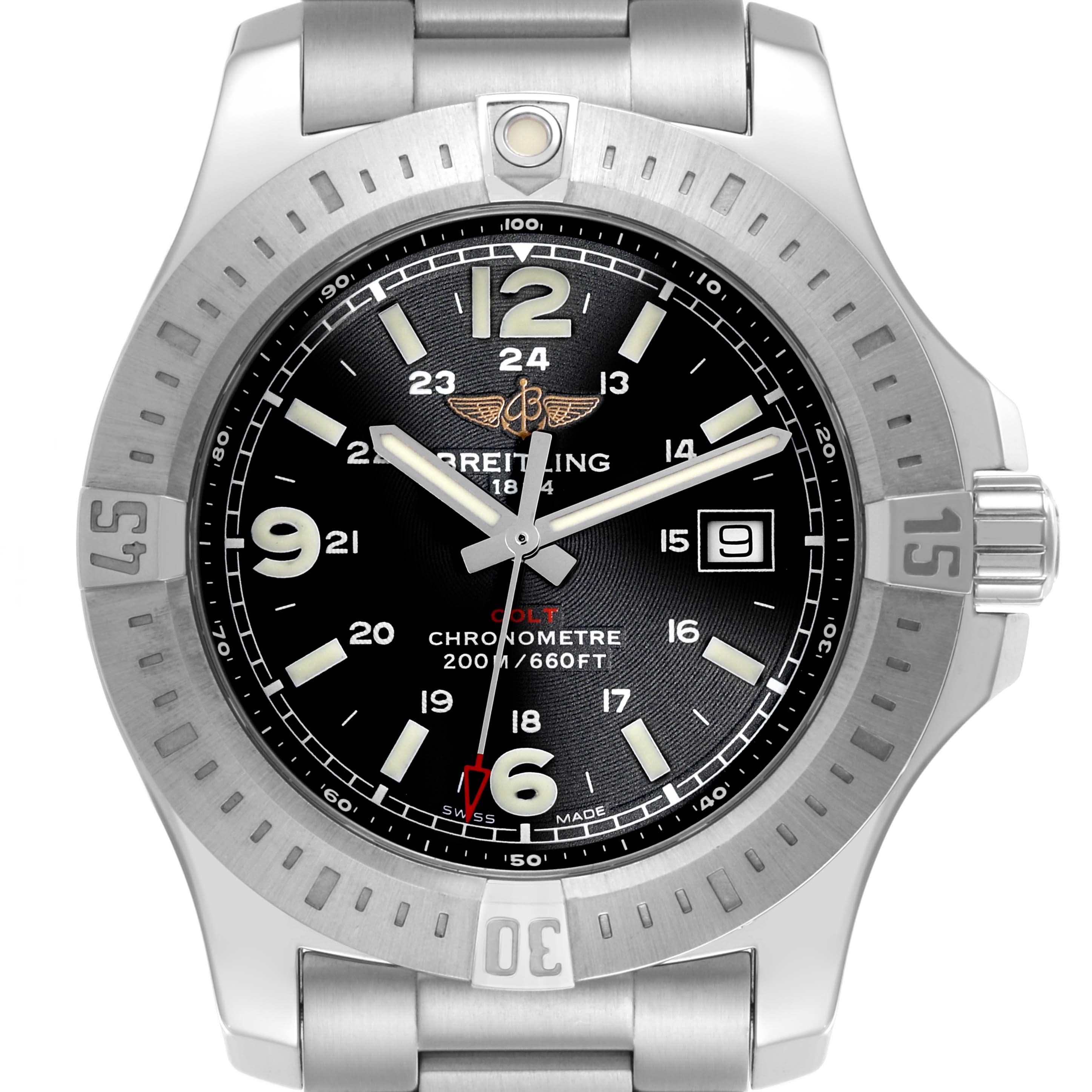 The Breitling Colt A7438811/BD45-SS Men's Stainless Steel Black Dial A7438811/BD45-SS Men's Stainless Steel Black Dial watch is shown from a front angle, highlighting its dial, bezel, and part of the bracelet.