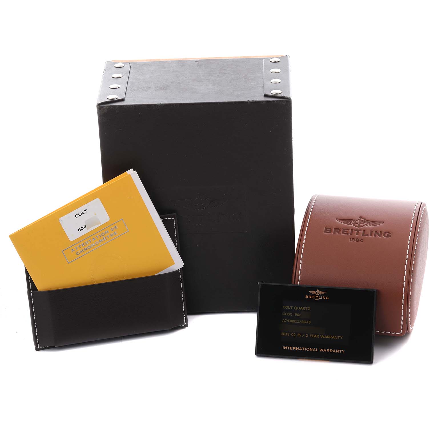 The image shows Breitling Colt A7438811/BD45-SS Men's Stainless Steel Black Dial A7438811/BD45-SS Men's Stainless Steel Black Dial packaging, including a leather box, warranty card, manual, and brown leather case.