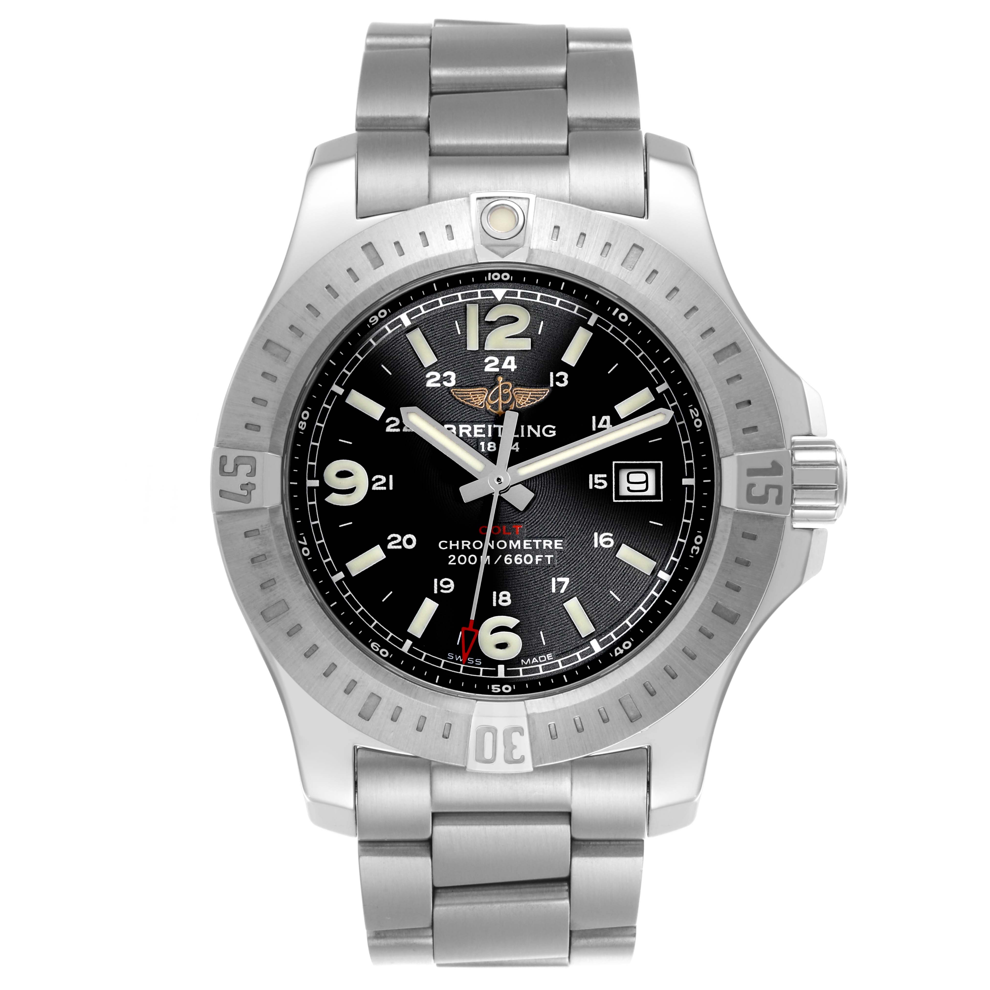 The Breitling Colt A7438811/BD45-SS Men's Stainless Steel Black Dial A7438811/BD45-SS Men's Stainless Steel Black Dial watch is shown from a front view, displaying the dial, bezel, and bracelet.