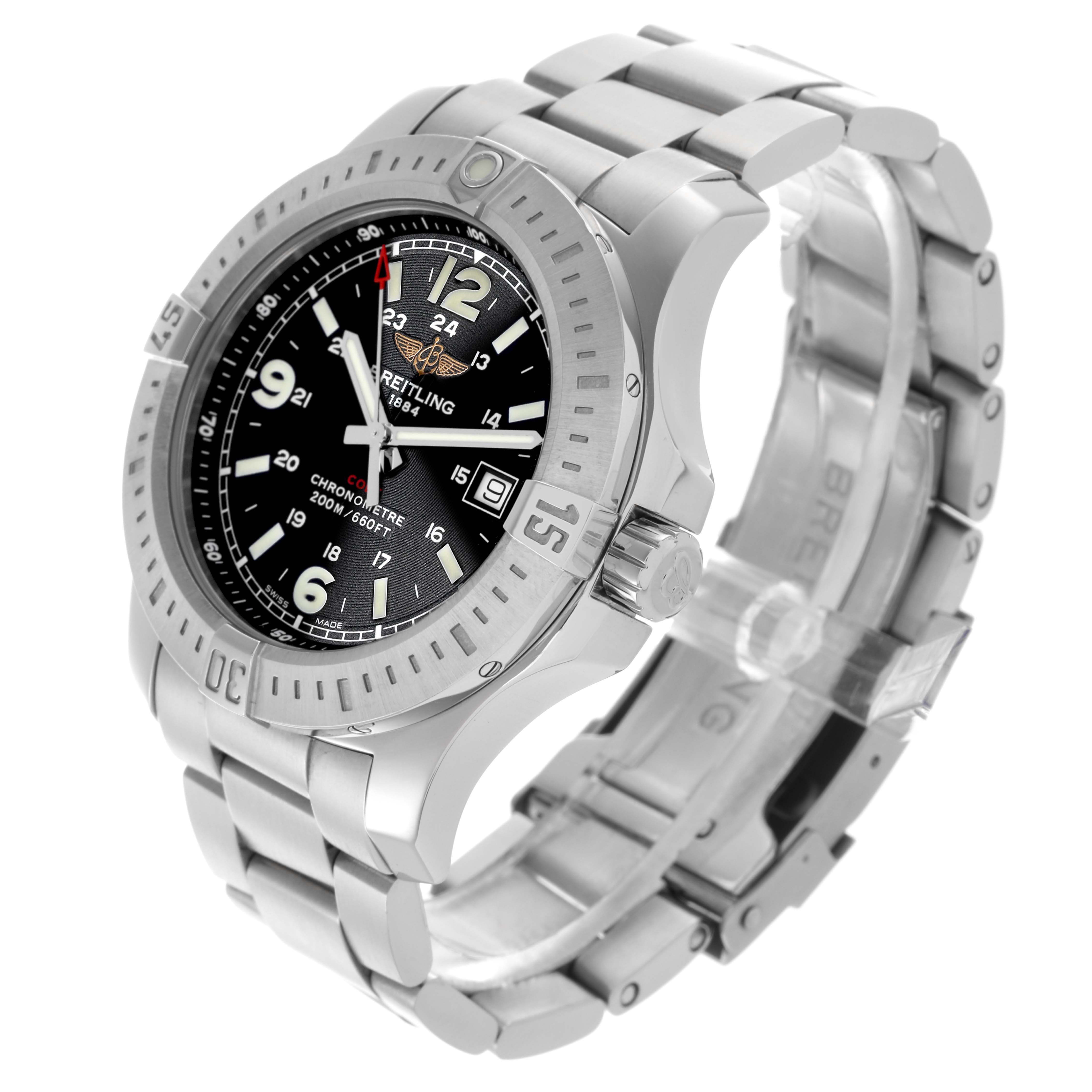 The Breitling Colt A7438811/BD45-SS Men's Stainless Steel Black Dial A7438811/BD45-SS Men's Stainless Steel Black Dial watch is shown at a three-quarter angle, highlighting the face, bezel, crown, and metal bracelet.