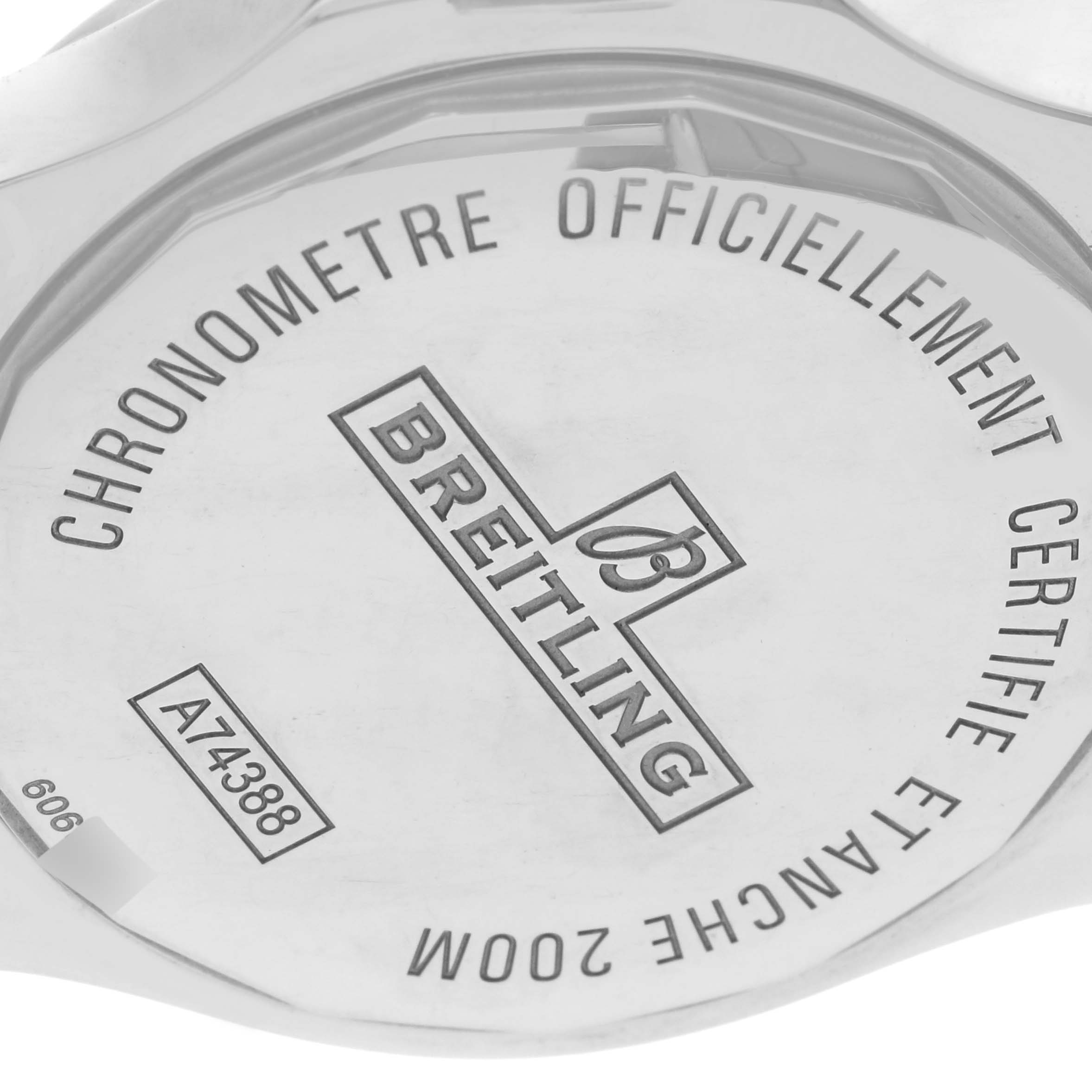 The image shows the back case of a Breitling Colt A7438811/BD45-SS Men's Stainless Steel Black Dial A7438811/BD45-SS Men's Stainless Steel Black Dial watch, highlighting engravings and branding.