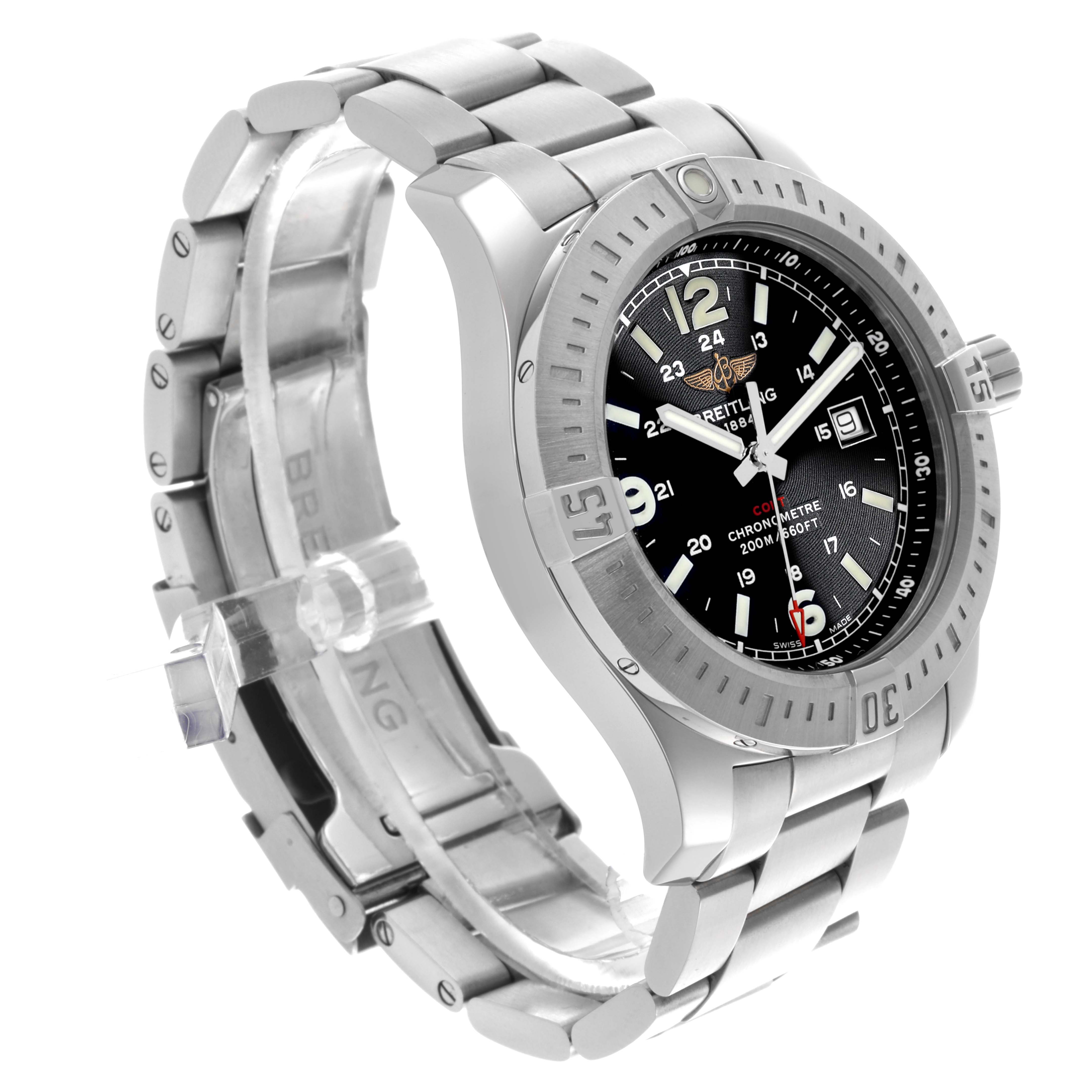 The Breitling Colt A7438811/BD45-SS Men's Stainless Steel Black Dial A7438811/BD45-SS Men's Stainless Steel Black Dial watch is shown at an oblique angle, highlighting the face, bezel, crown, and metal bracelet.