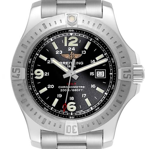 The Breitling Colt watch is shown from a front angle, displaying the dial, bezel, crown, and part of the bracelet.