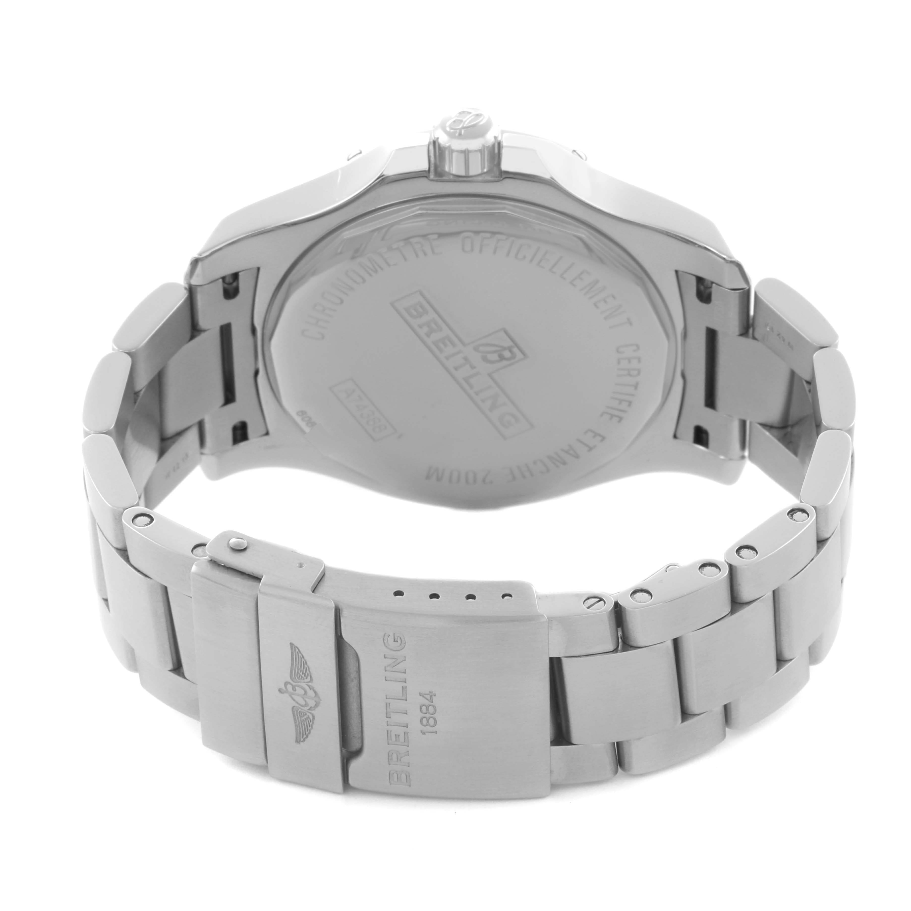 The Breitling Colt A7438811/BD45-SS Men's Stainless Steel Black Dial A7438811/BD45-SS Men's Stainless Steel Black Dial watch is shown from the back, highlighting the case back and metal bracelet clasp.