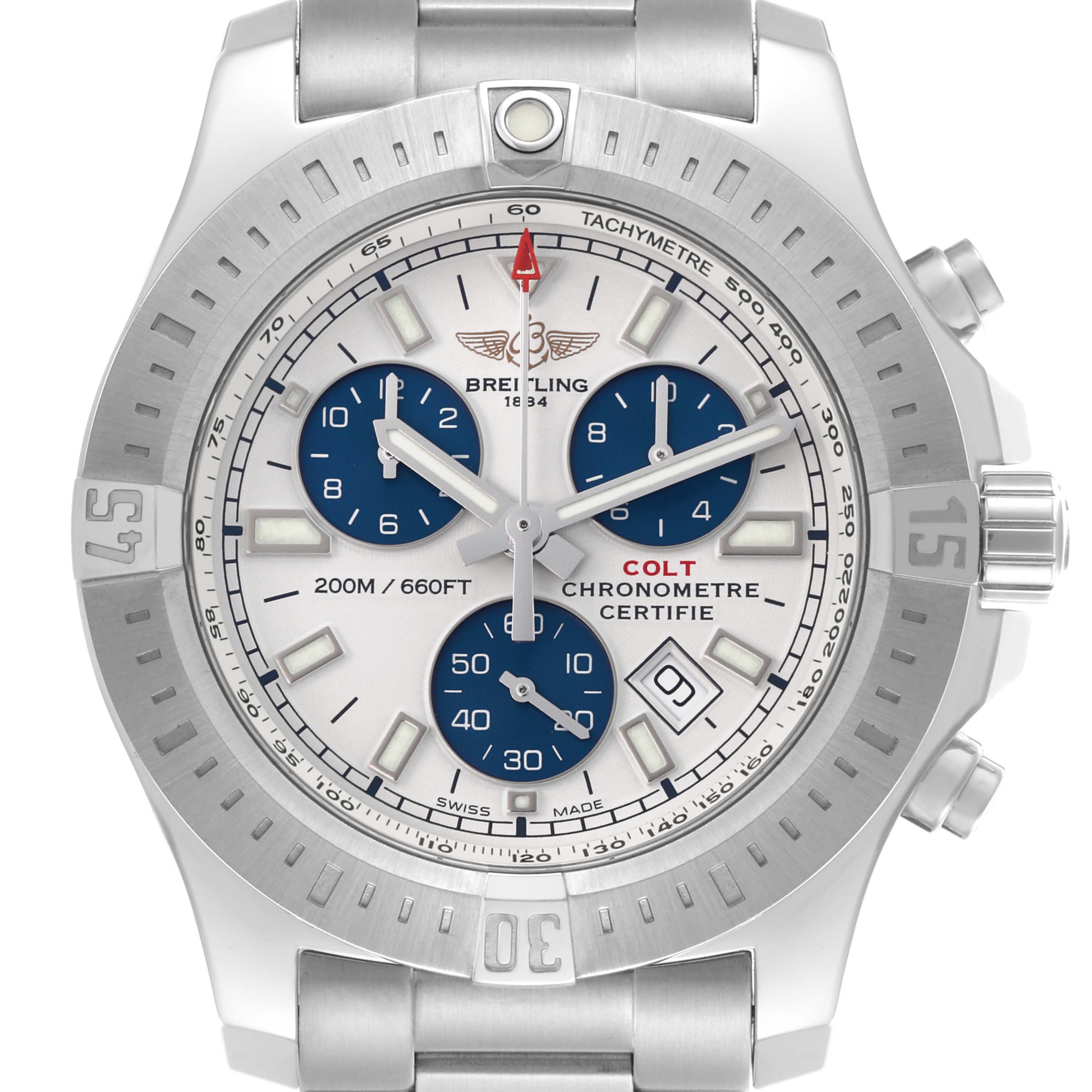 The Breitling Colt A73388 Men
s Stainless Steel White Dial A73388 Men
s Stainless Steel White Dial watch is shown from a front angle, highlighting the dial, bezel, subdials, and crown.