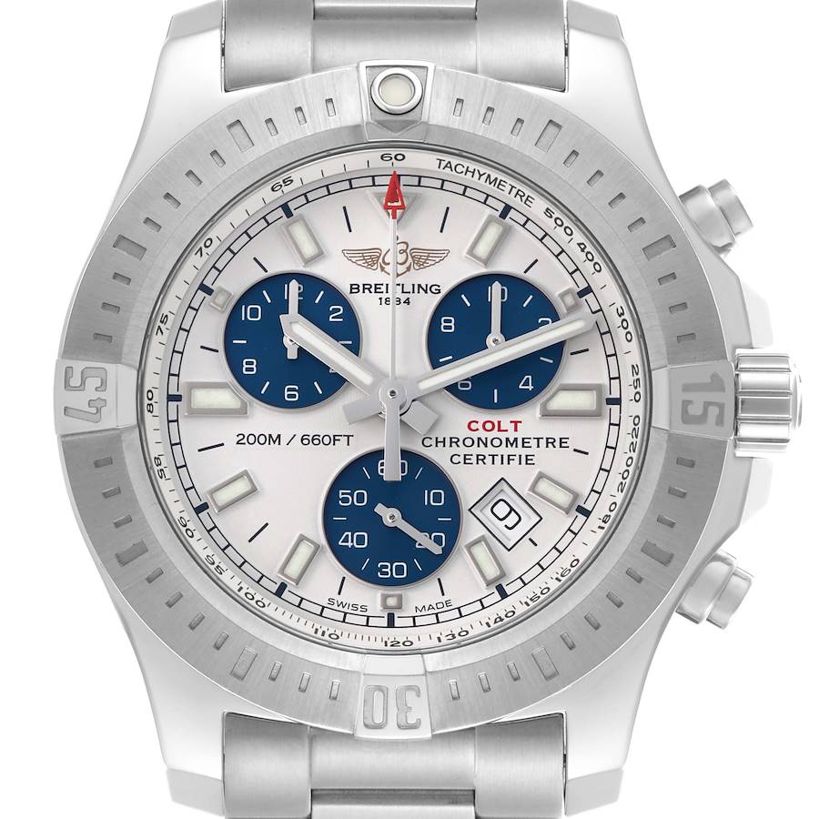 The Breitling Colt watch is shown from a front angle, highlighting the dial, bezel, subdials, and crown.