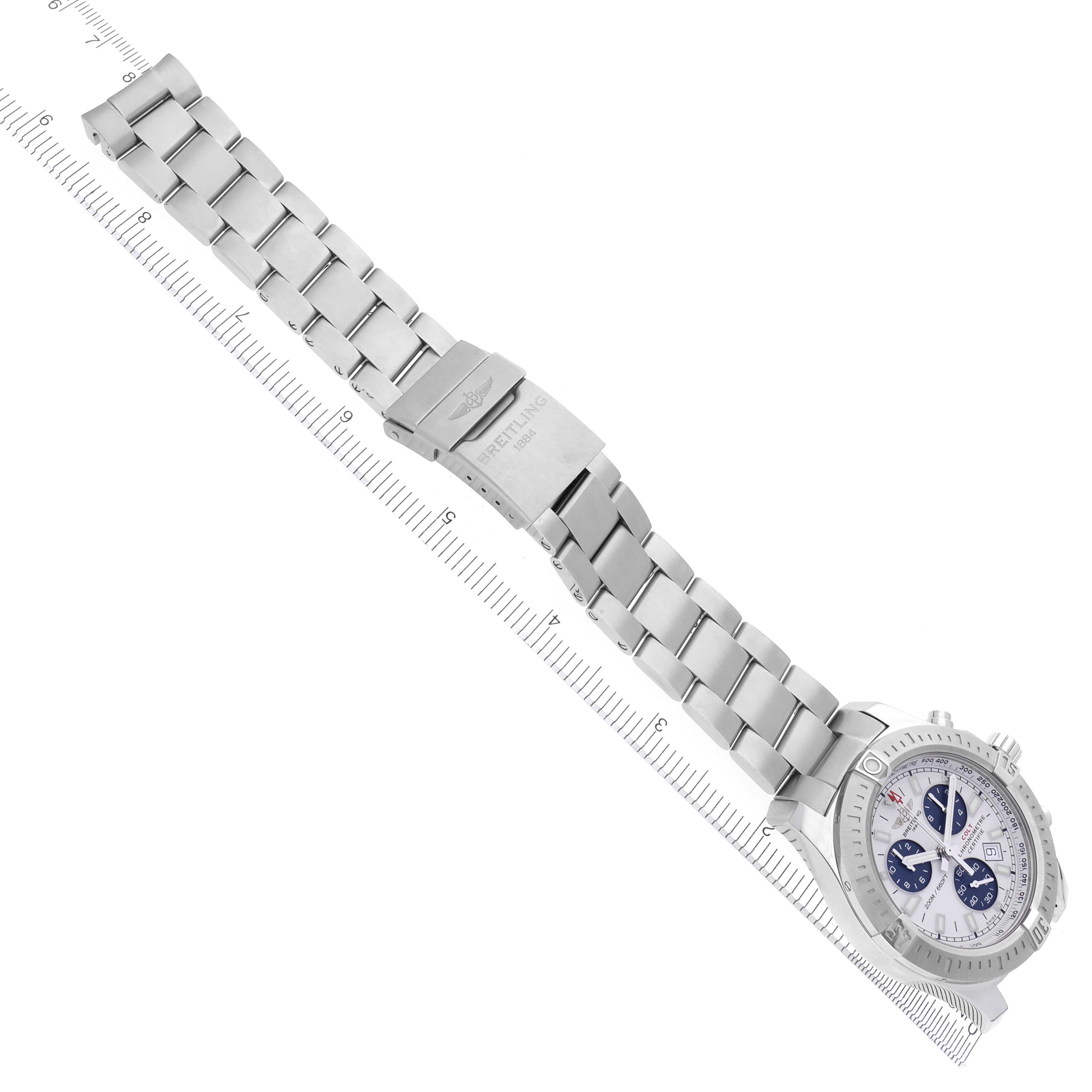 The Breitling Colt A73388 Men
s Stainless Steel White Dial A73388 Men
s Stainless Steel White Dial watch is shown at an angle, displaying the bracelet, clasp, and partial view of the face.