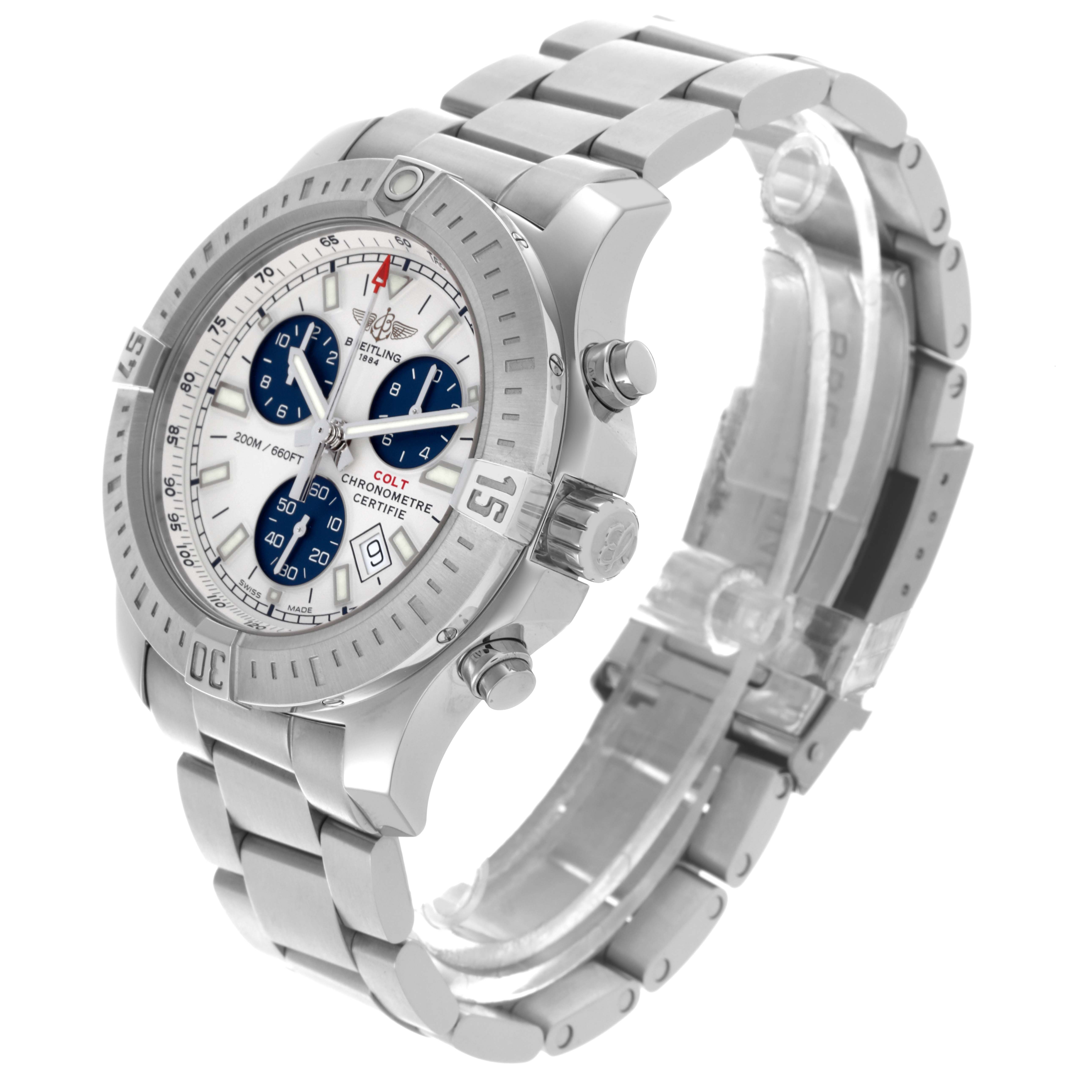 The Breitling Colt A73388 Men
s Stainless Steel White Dial A73388 Men
s Stainless Steel White Dial watch is shown at a three-quarter angle, highlighting the face, bezel, bracelet, and pushers.