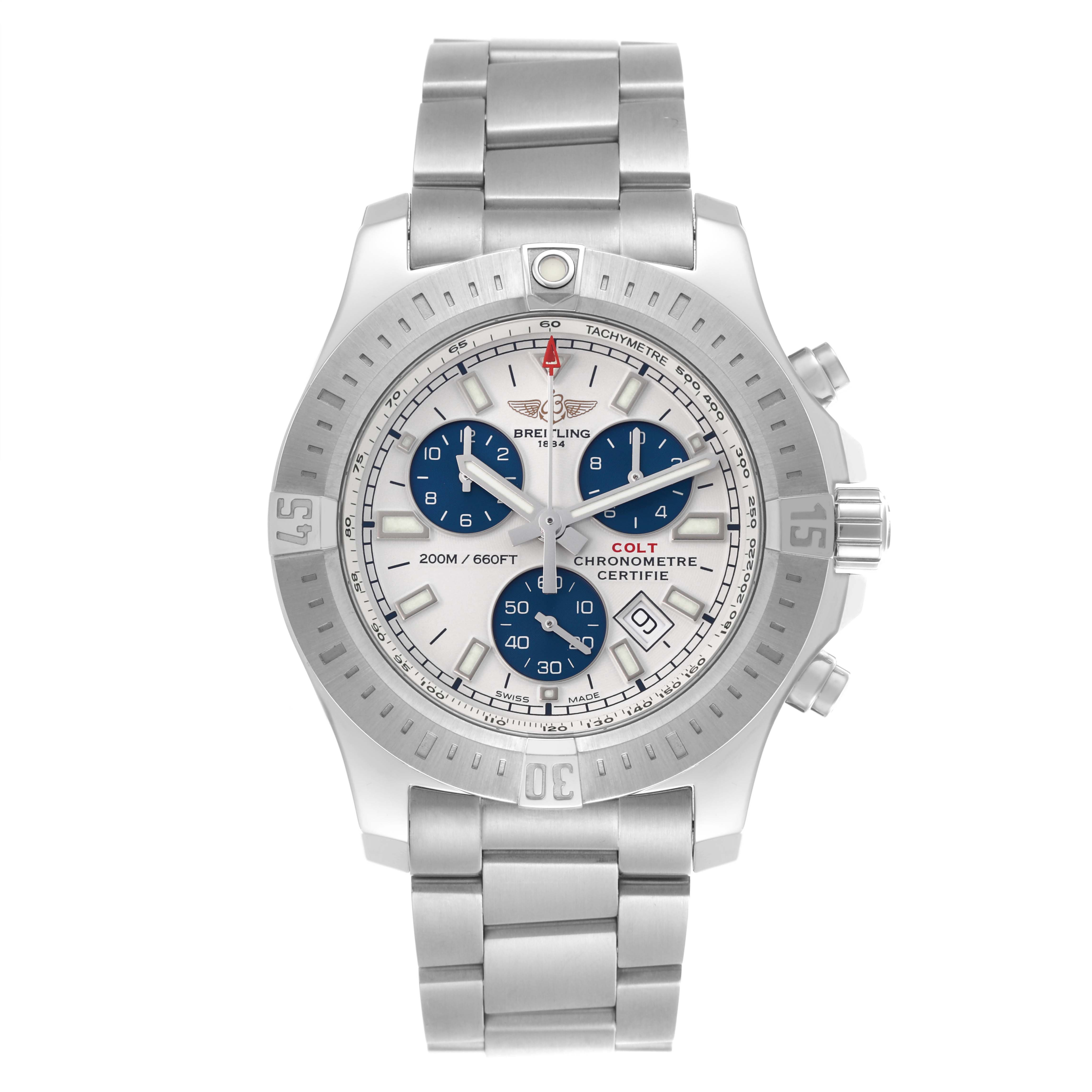 The Breitling Colt A73388 Men
s Stainless Steel White Dial A73388 Men
s Stainless Steel White Dial watch is shown from a front angle, displaying the bezel, dial, chronograph, and stainless steel bracelet.