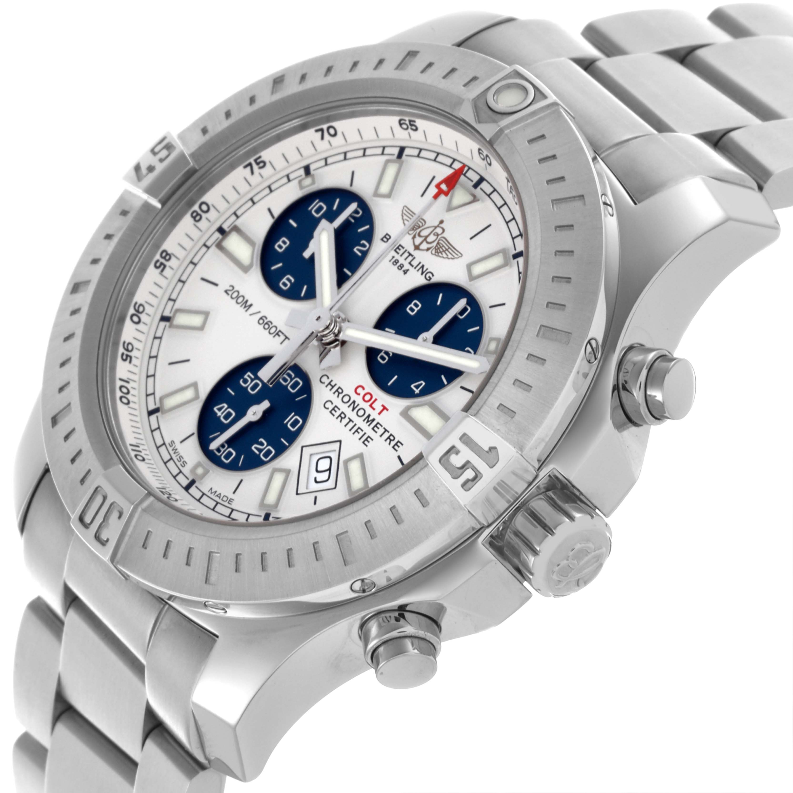 The Breitling Colt A73388 Men
s Stainless Steel White Dial A73388 Men
s Stainless Steel White Dial watch is shown at a slightly tilted side angle, highlighting the bezel, crown, buttons, and bracelet.