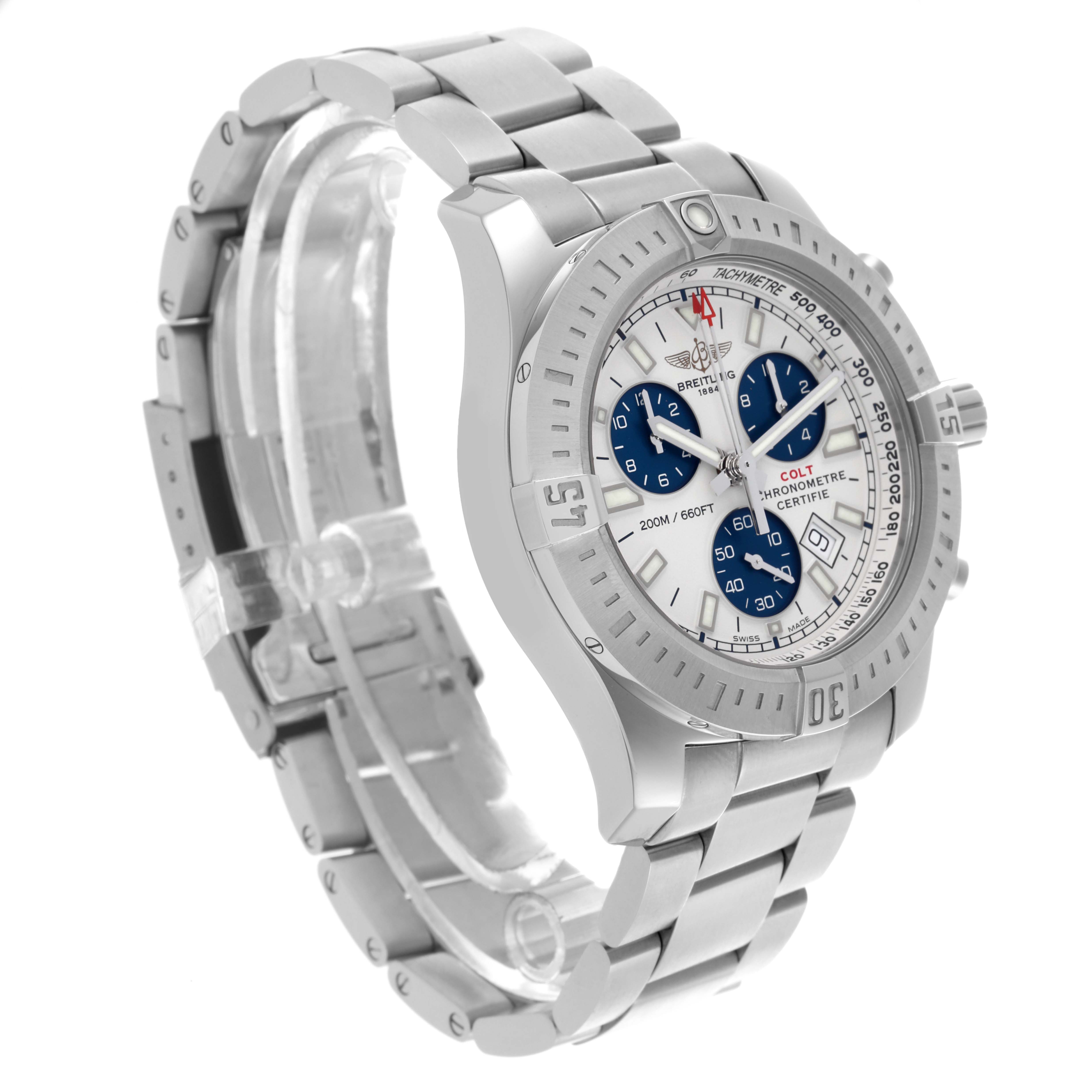 The Breitling Colt A73388 Men
s Stainless Steel White Dial A73388 Men
s Stainless Steel White Dial watch is shown at a three-quarter angle, displaying the bezel, dial, and bracelet.