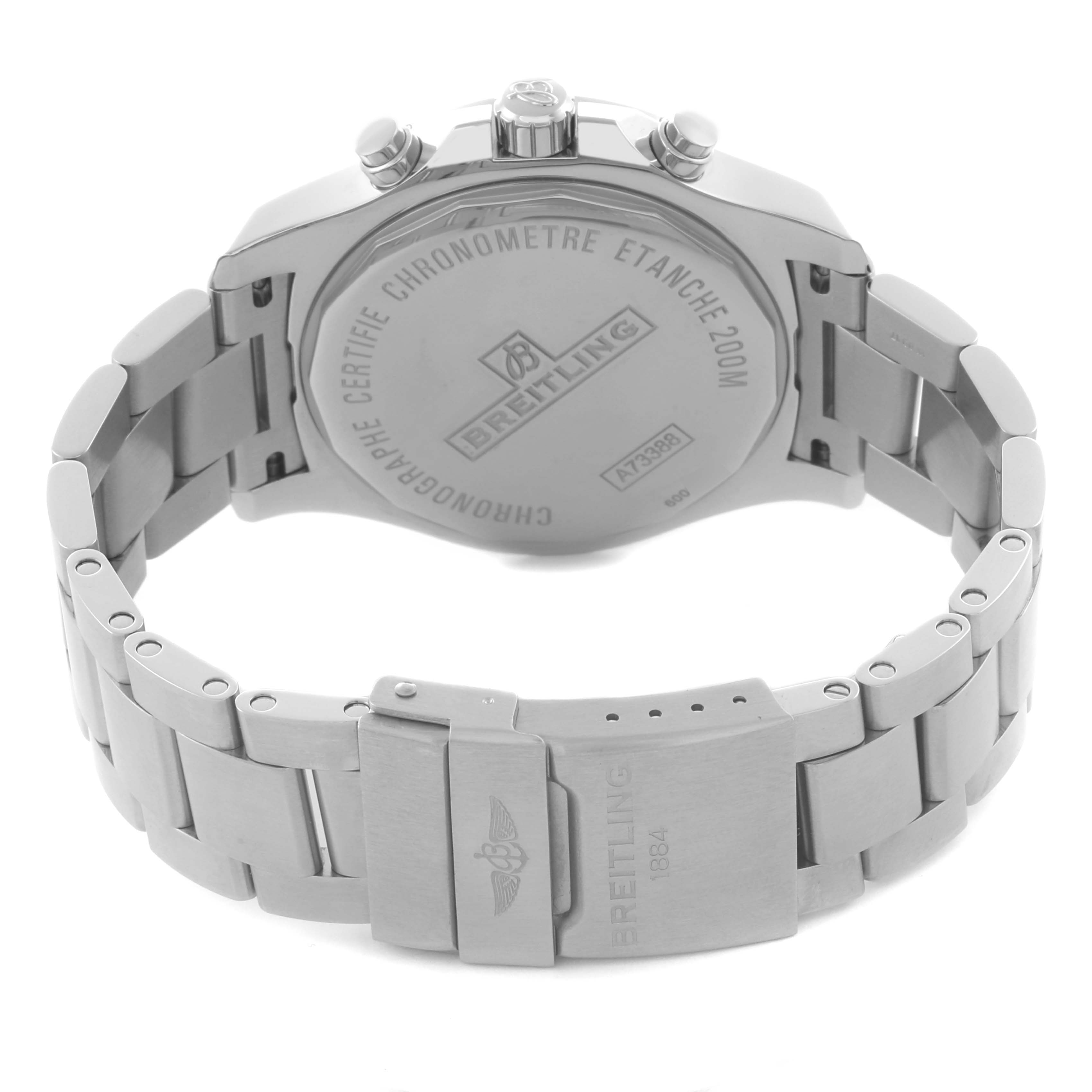 The image shows the back view of a Breitling Colt A73388 Men
s Stainless Steel White Dial A73388 Men
s Stainless Steel White Dial watch, highlighting the case back and bracelet with clasp.