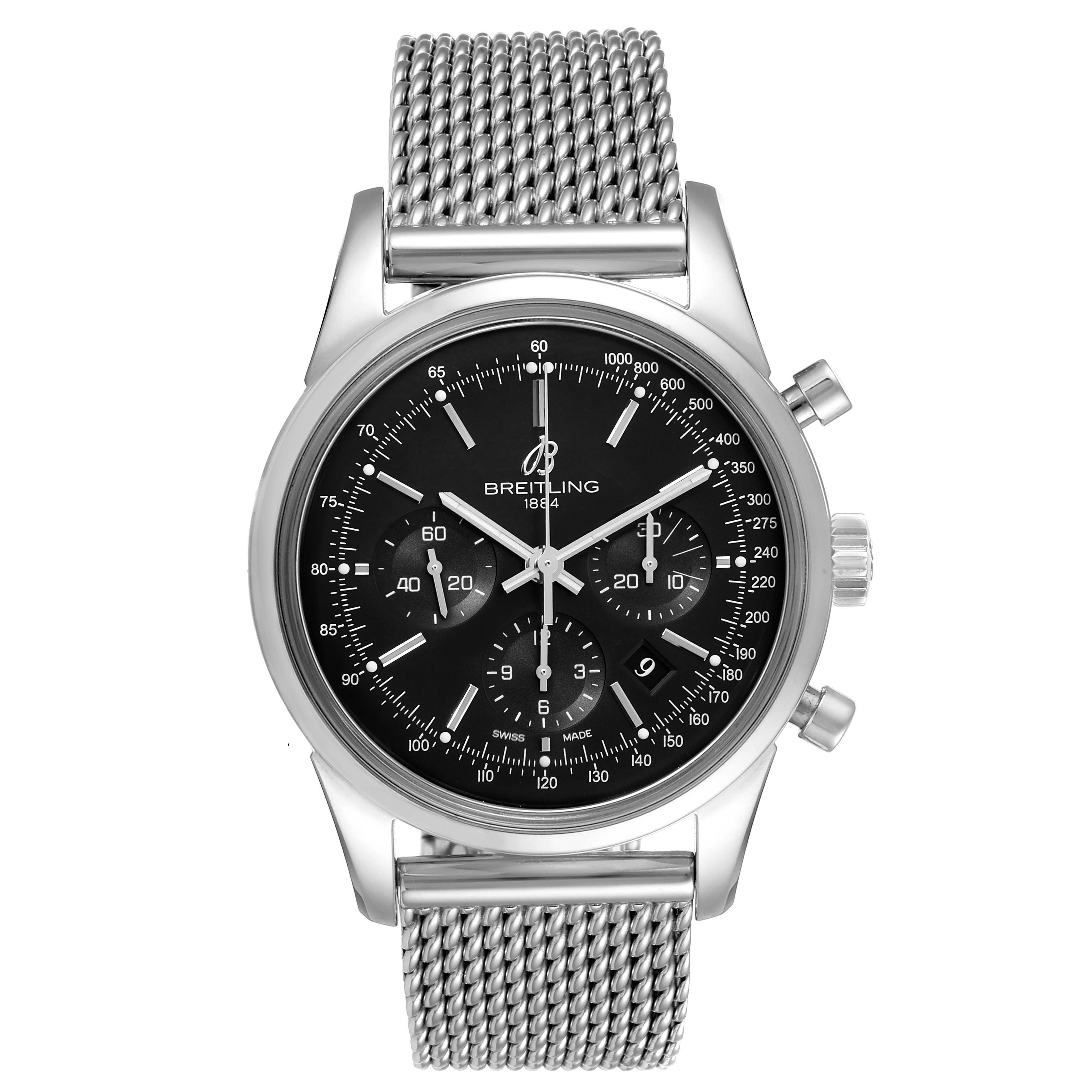 The image shows a front view of a Breitling Transocean AB015212/BA99/154A Men's Stainless Steel Black Dial AB015212/BA99/154A Men's Stainless Steel Black Dial watch with a black dial and a stainless steel mesh strap.
