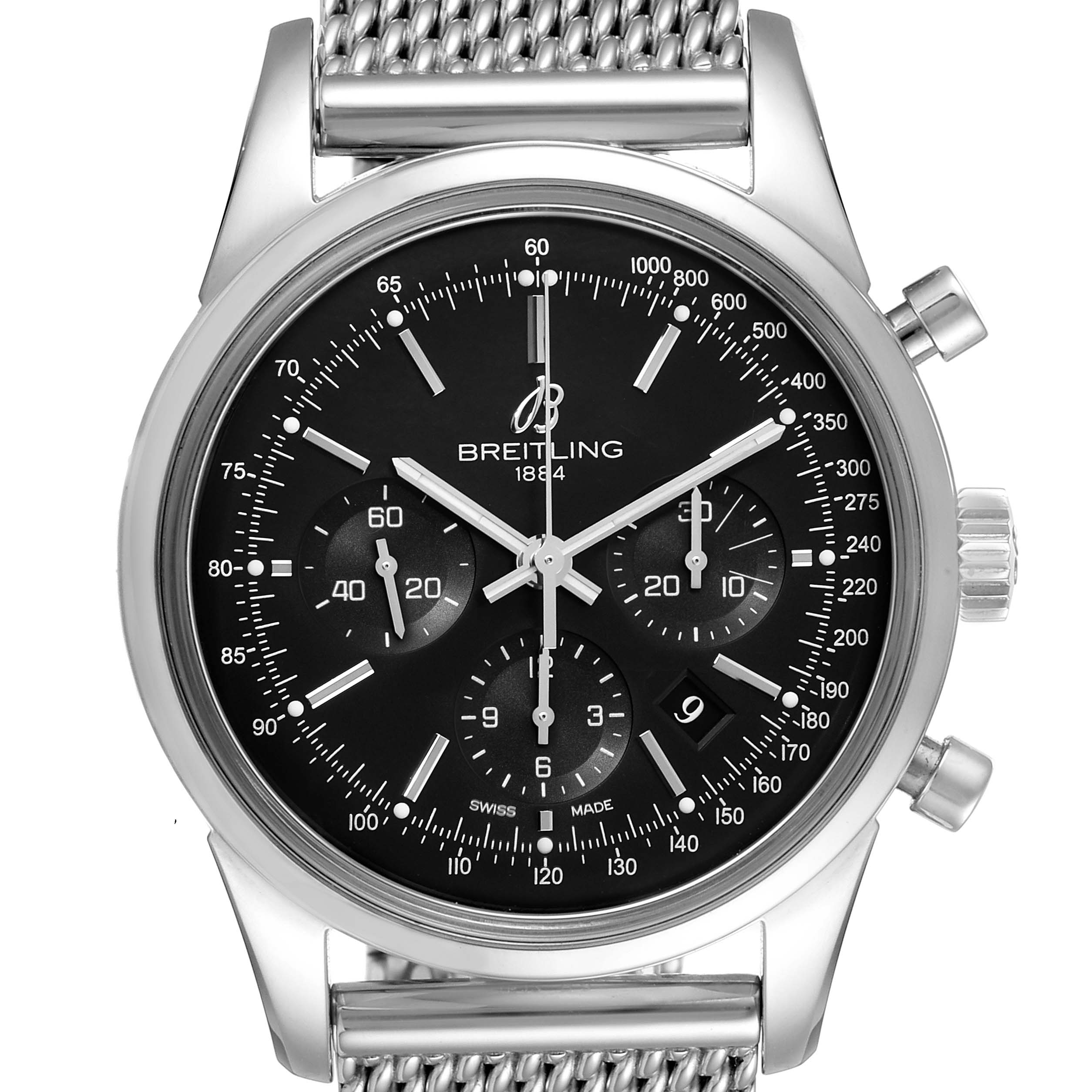 The image shows a Breitling Transocean AB015212/BA99/154A Men's Stainless Steel Black Dial AB015212/BA99/154A Men's Stainless Steel Black Dial model watch face and part of the mesh strap, viewed from the front.