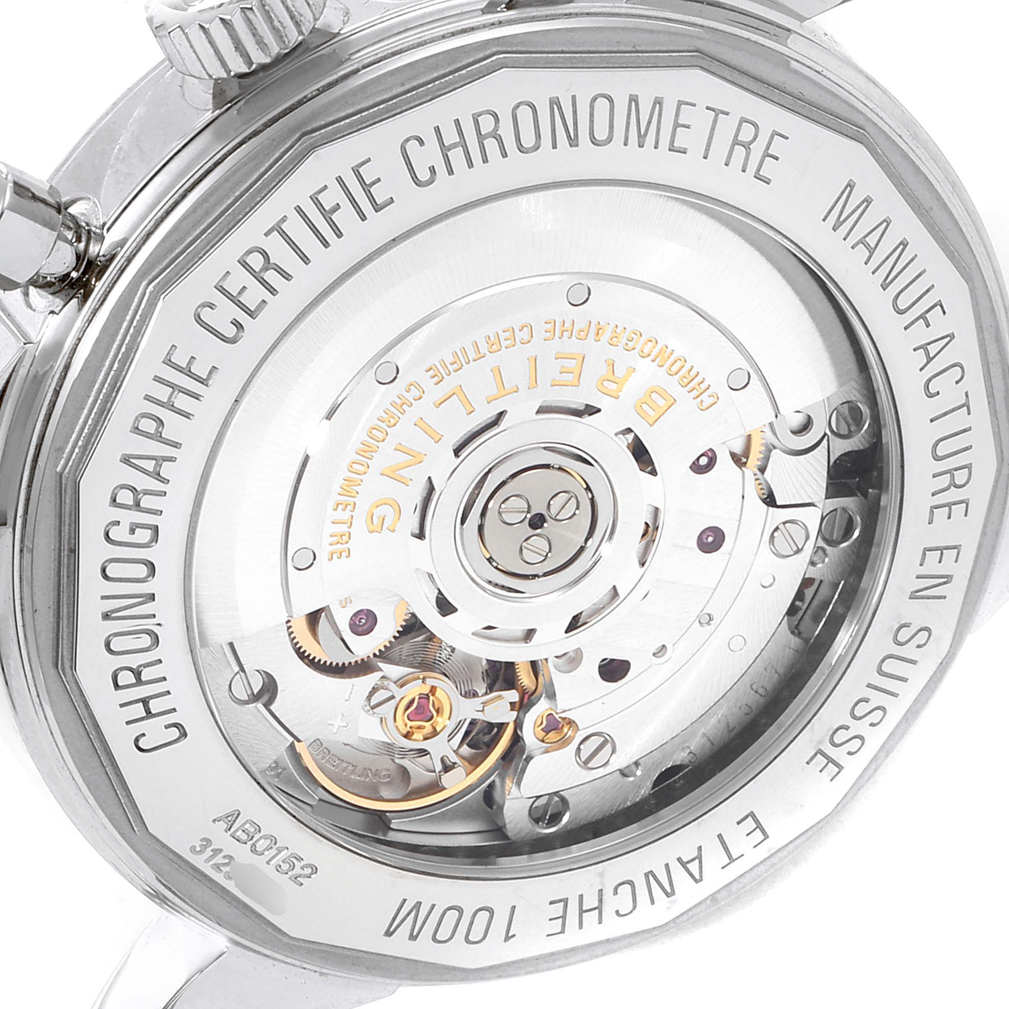 The image shows the back of a Breitling Transocean AB015212/BA99/154A Men's Stainless Steel Black Dial AB015212/BA99/154A Men's Stainless Steel Black Dial watch, highlighting its inner mechanical components and engraving details.