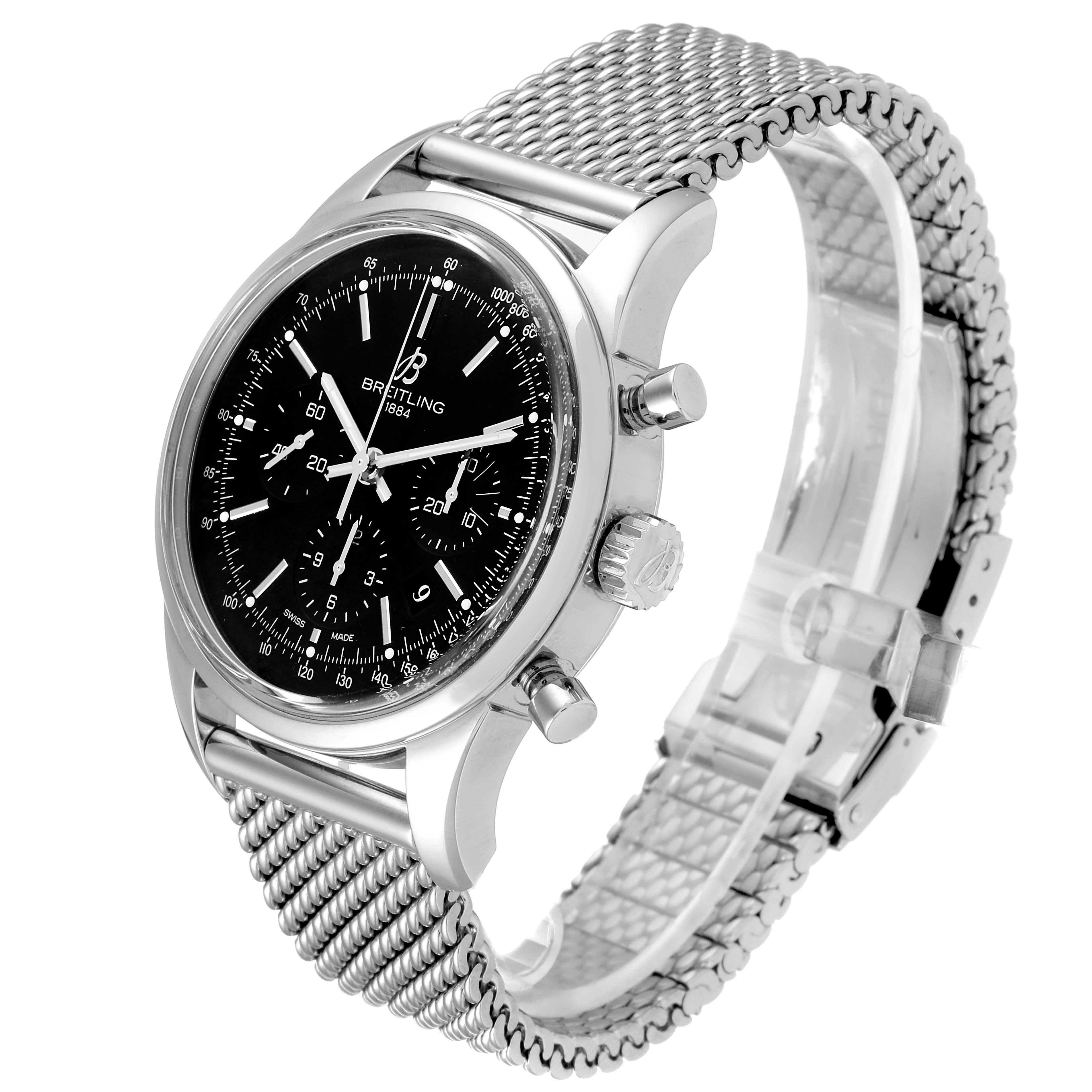 The Breitling Transocean AB015212/BA99/154A Men's Stainless Steel Black Dial AB015212/BA99/154A Men's Stainless Steel Black Dial watch is shown at a slight angle, displaying its black dial, buttons, crown, and metal mesh bracelet.