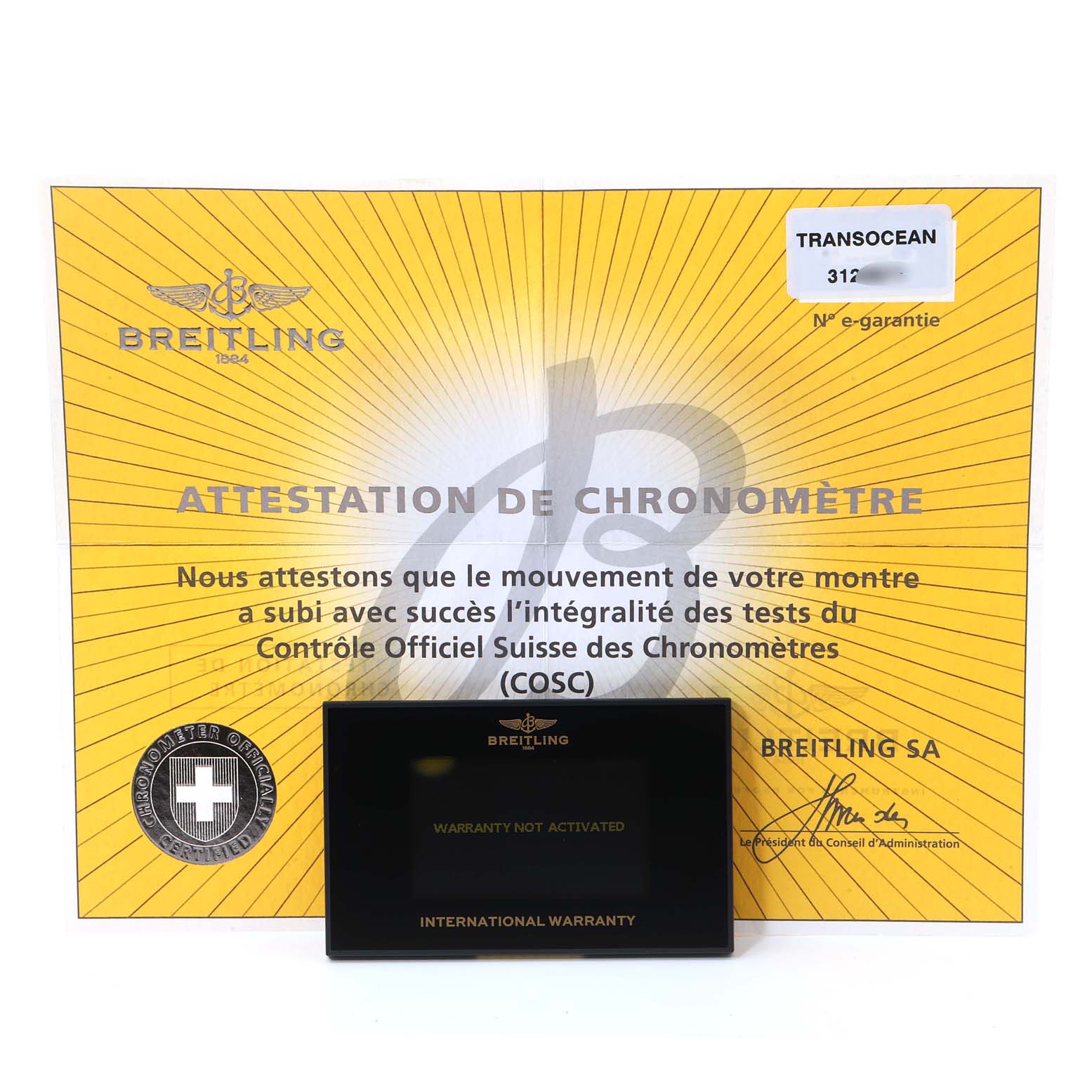 The image shows the warranty card and guarantee certificate for the Breitling Transocean AB015212/BA99/154A Men's Stainless Steel Black Dial AB015212/BA99/154A Men's Stainless Steel Black Dial model.