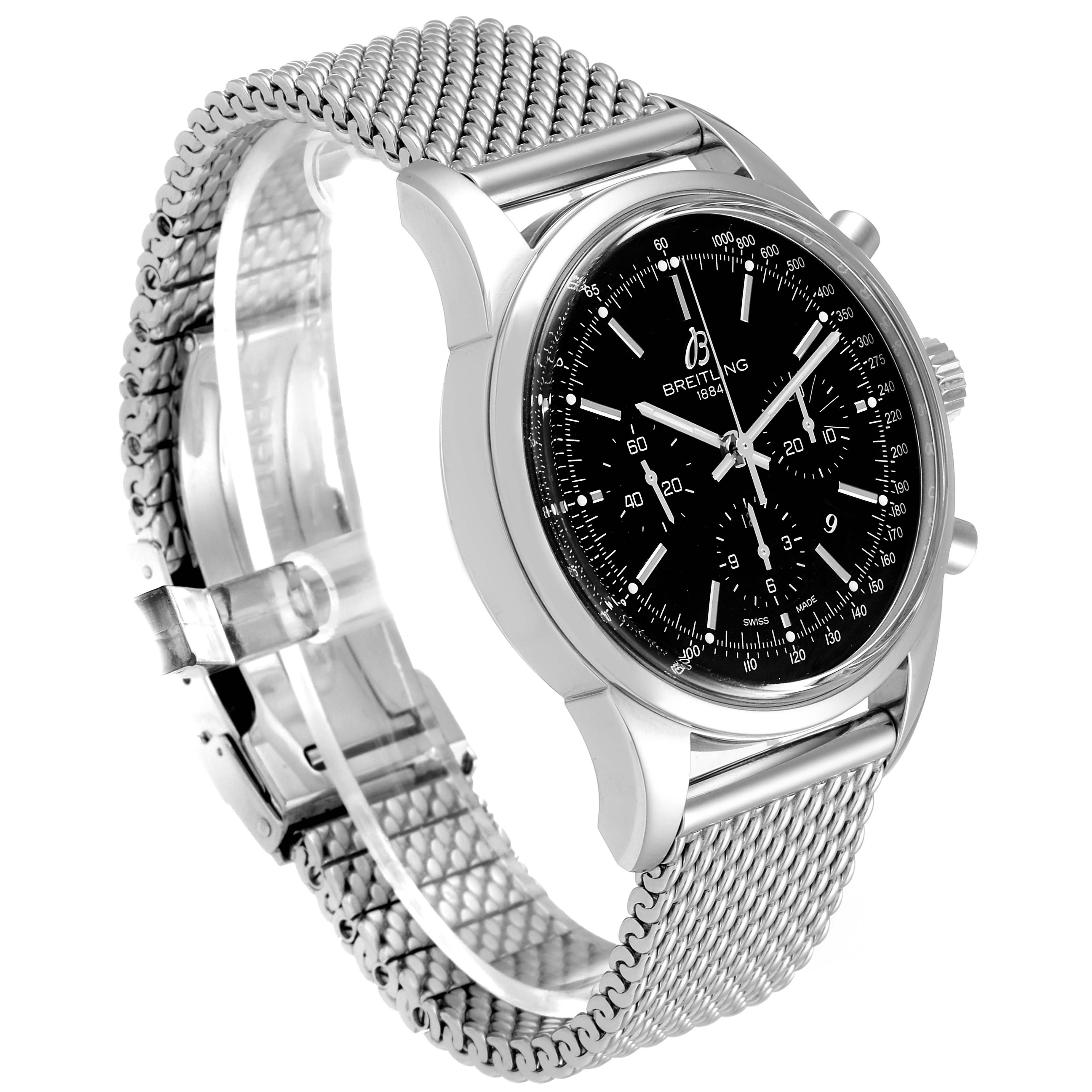 The image shows a slight front-side angle of a Breitling Transocean AB015212/BA99/154A Men's Stainless Steel Black Dial AB015212/BA99/154A Men's Stainless Steel Black Dial watch, highlighting its mesh stainless steel bracelet and black dial.