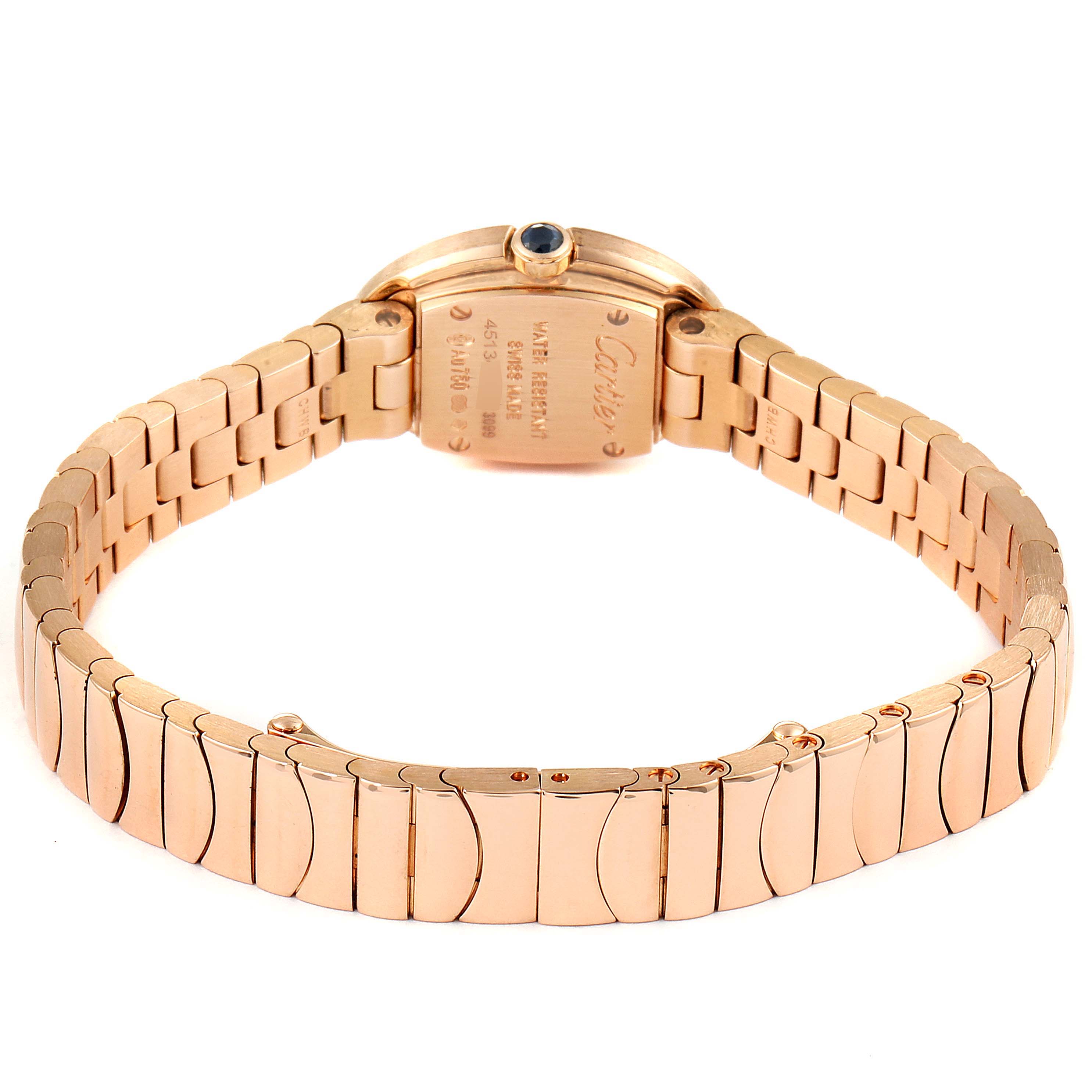 The image shows the back of a Cartier Baignoire W8000015 Women's Rose Gold Silver Dial W8000015 Women's Rose Gold Silver Dial watch, displaying the case back and the gold bracelet.