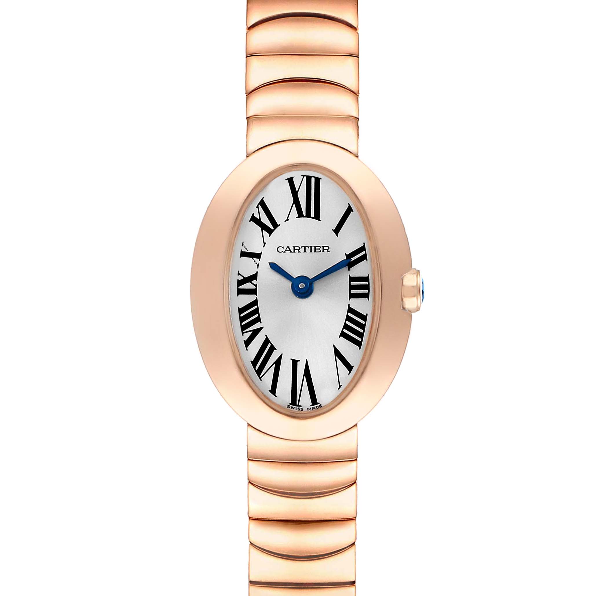The image shows a frontal view of a Cartier Baignoire W8000015 Women's Rose Gold Silver Dial W8000015 Women's Rose Gold Silver Dial watch, highlighting the oval face, Roman numerals, and rose gold bracelet.