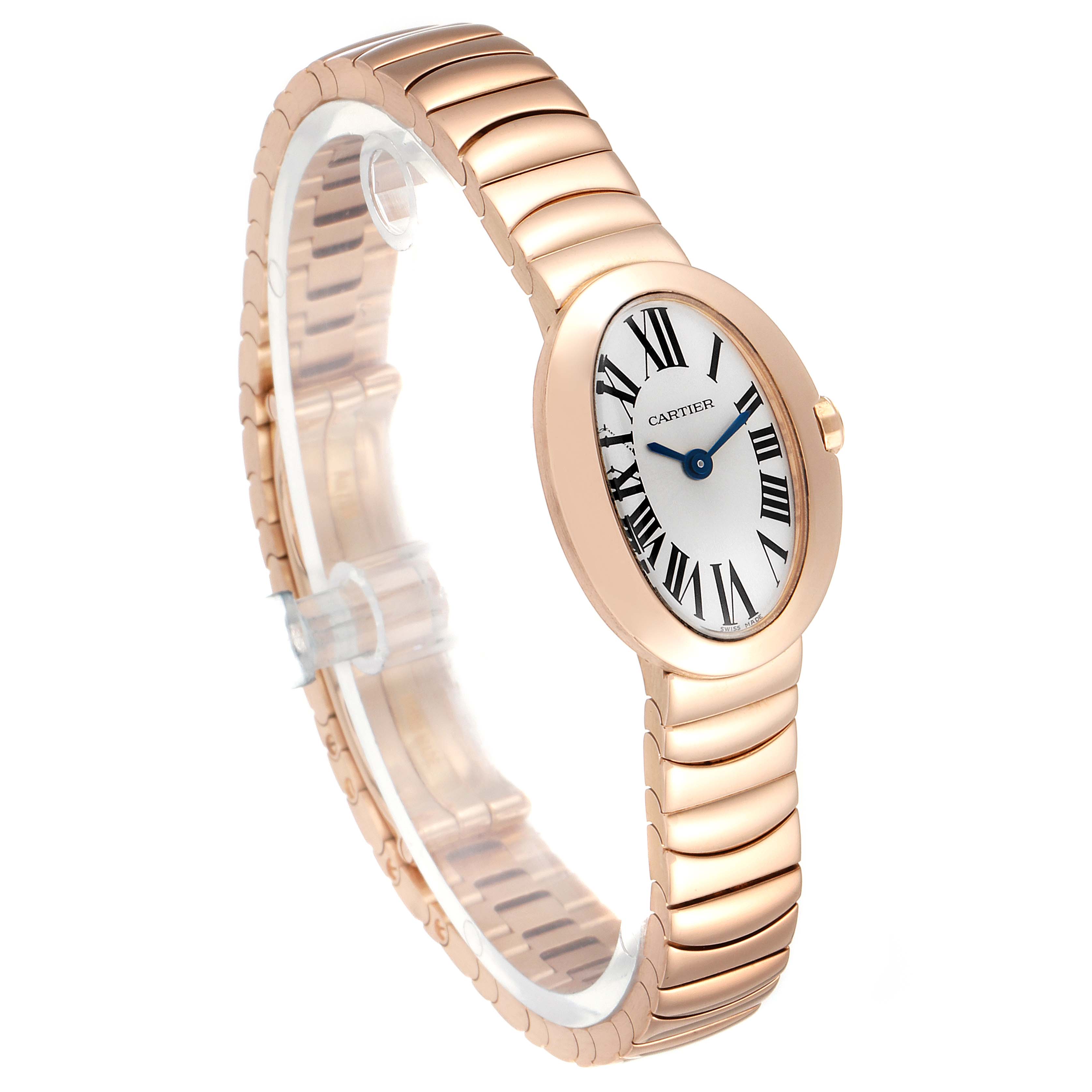 The Cartier Baignoire W8000015 Women's Rose Gold Silver Dial W8000015 Women's Rose Gold Silver Dial watch is shown at a side angle, revealing the oval face, Roman numerals, and rose gold bracelet.