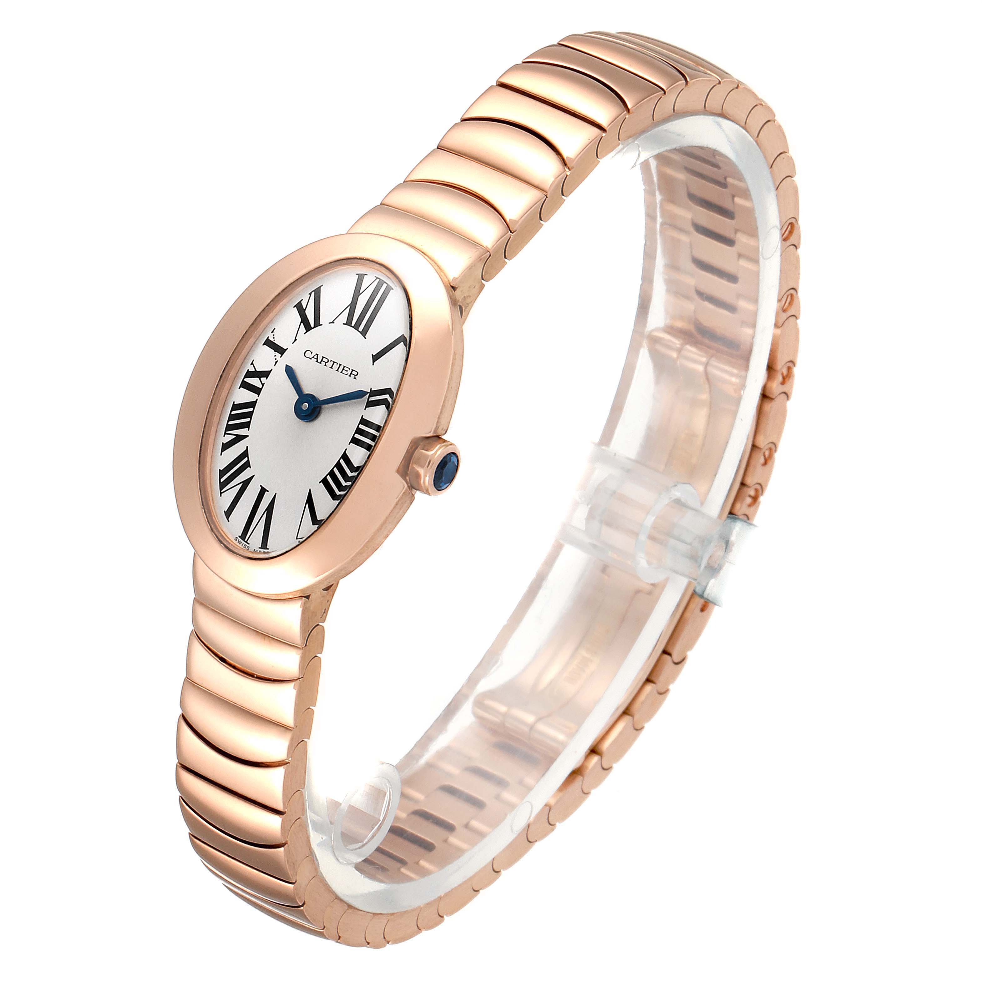 This image shows a side angle of a Cartier Baignoire W8000015 Women's Rose Gold Silver Dial W8000015 Women's Rose Gold Silver Dial watch, highlighting its rose gold case, bracelet, and Roman numeral dial.