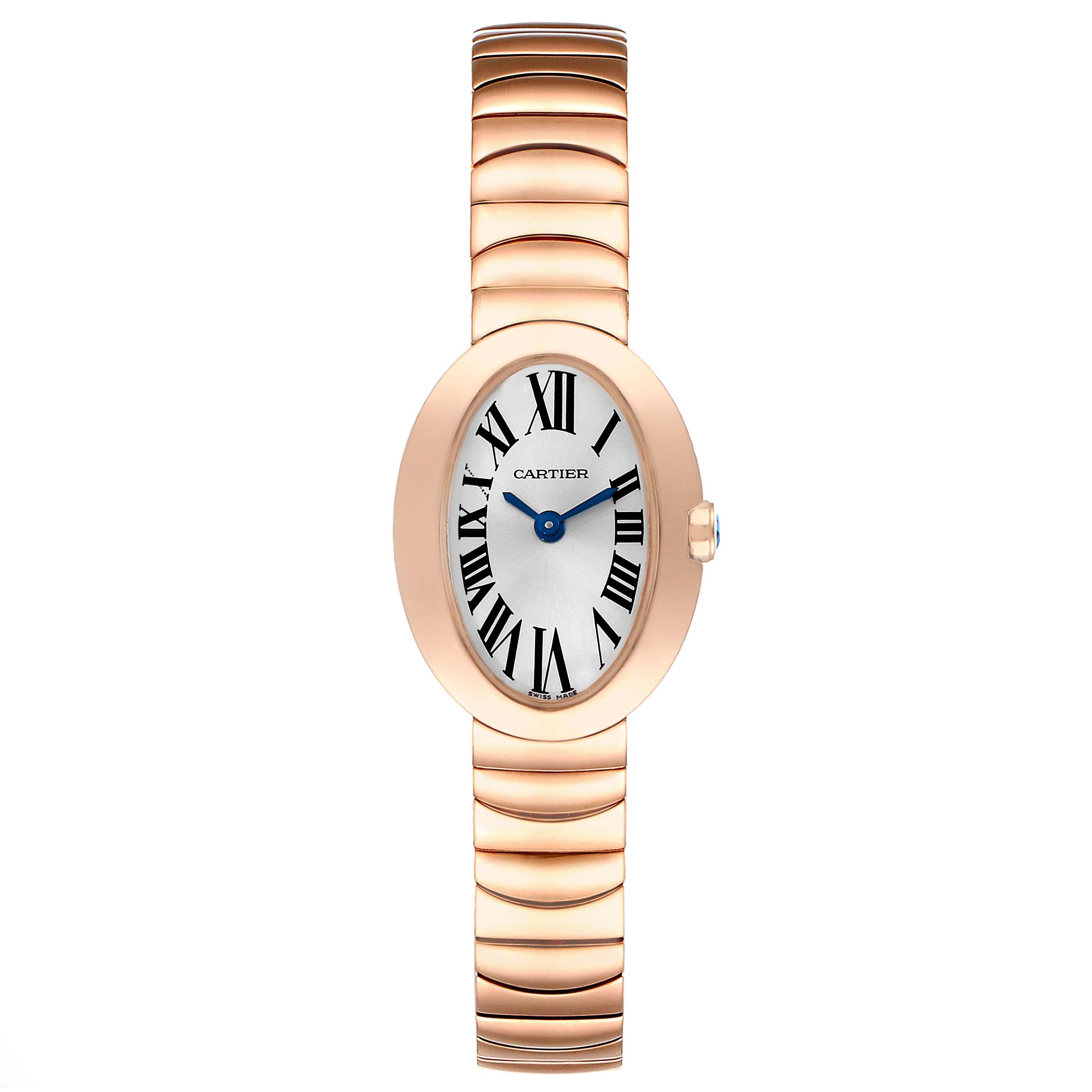 The Cartier Baignoire W8000015 Women's Rose Gold Silver Dial W8000015 Women's Rose Gold Silver Dial watch is shown from a front angle, displaying its oval face, bracelet, and signature Roman numerals.