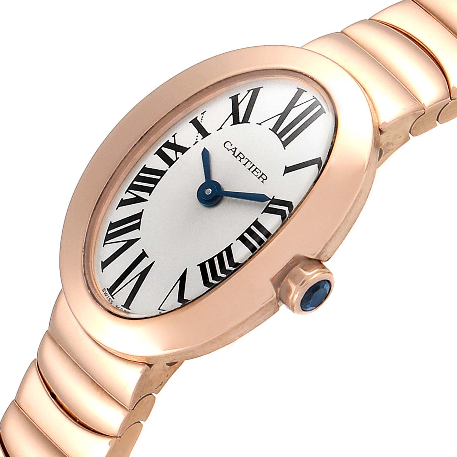 This is a close-up angle showing the face, bezel, and part of the bracelet of the Cartier Baignoire W8000015 Women's Rose Gold Silver Dial W8000015 Women's Rose Gold Silver Dial watch.