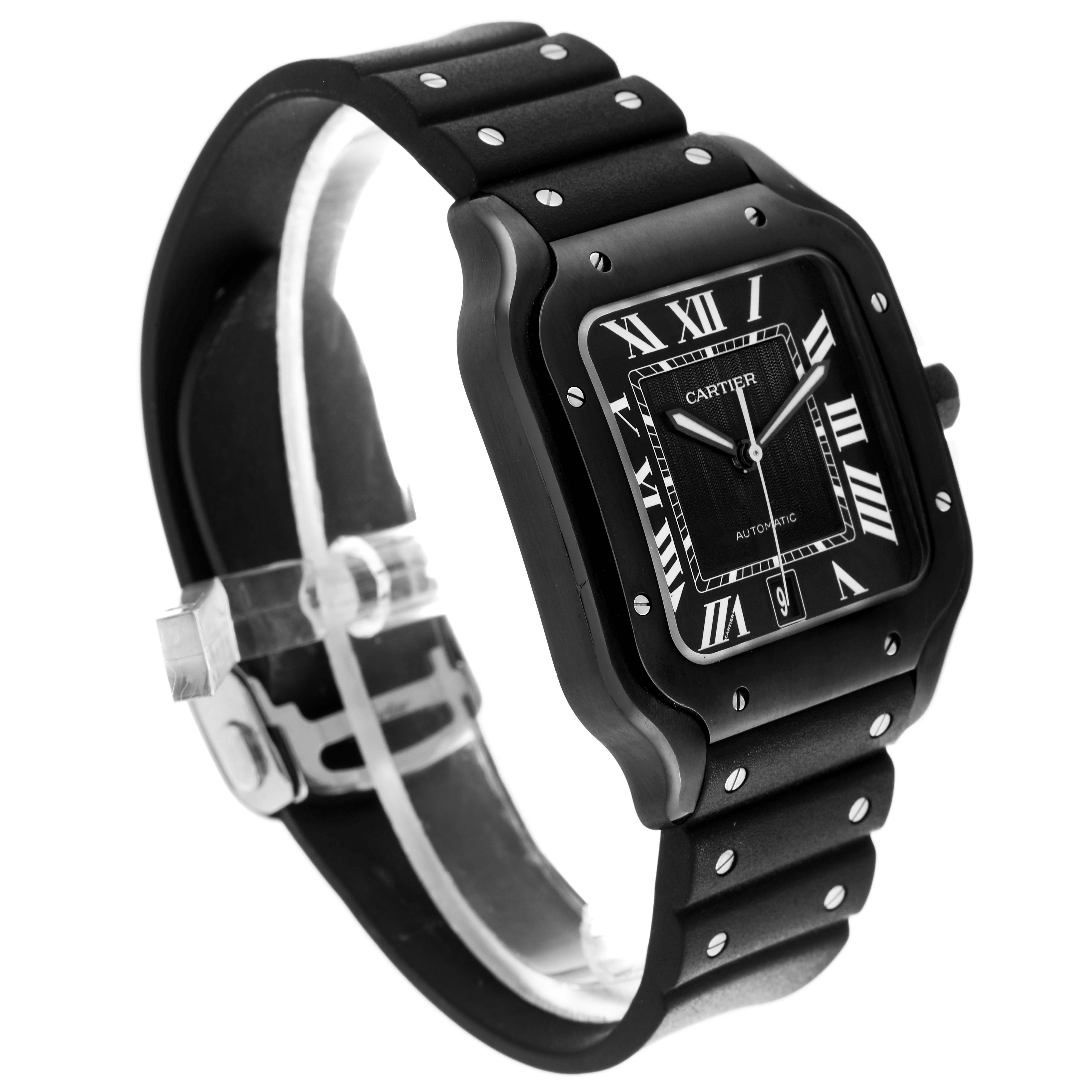 The Cartier Santos WSSA0039 Men's Stainless Steel Black Dial WSSA0039 Men's Stainless Steel Black Dial watch is shown at a three-quarter angle, highlighting the face, bezel, and rubber strap.
