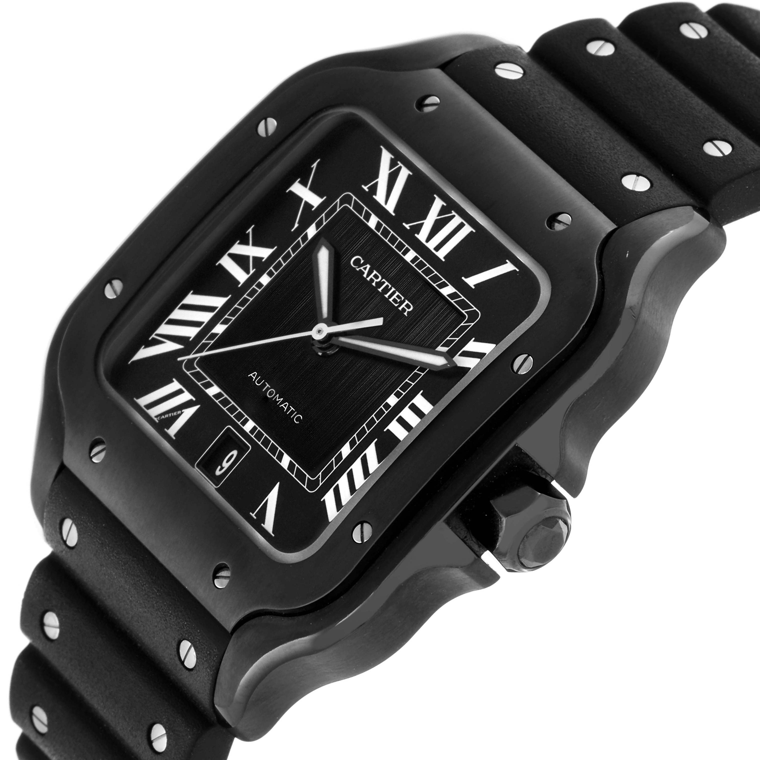 The image shows a Cartier Santos WSSA0039 Men's Stainless Steel Black Dial WSSA0039 Men's Stainless Steel Black Dial watch at an angle highlighting the black case, dial, and strap with Roman numerals and a visible crown.