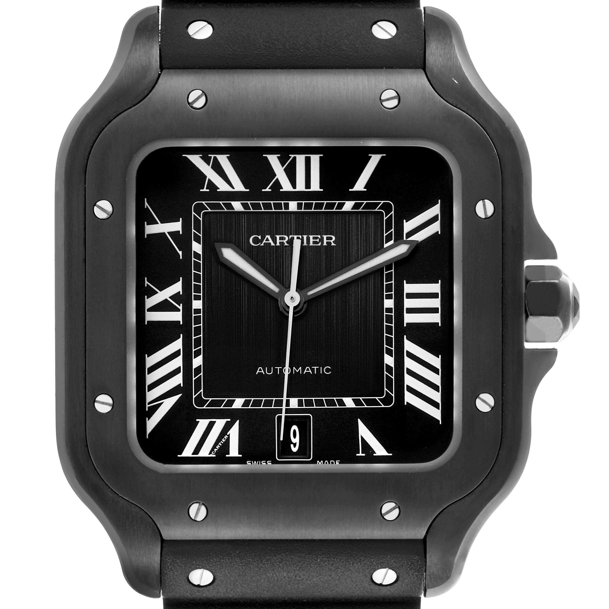 The Cartier Santos WSSA0039 Men's Stainless Steel Black Dial WSSA0039 Men's Stainless Steel Black Dial watch is shown from the front, highlighting its square face, Roman numerals, and bezel screws.