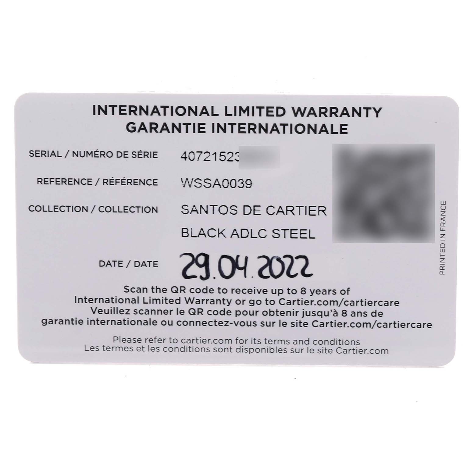 The image shows the warranty card for the Cartier Santos WSSA0039 Men's Stainless Steel Black Dial WSSA0039 Men's Stainless Steel Black Dial model, detailing its serial, reference, and collection information.