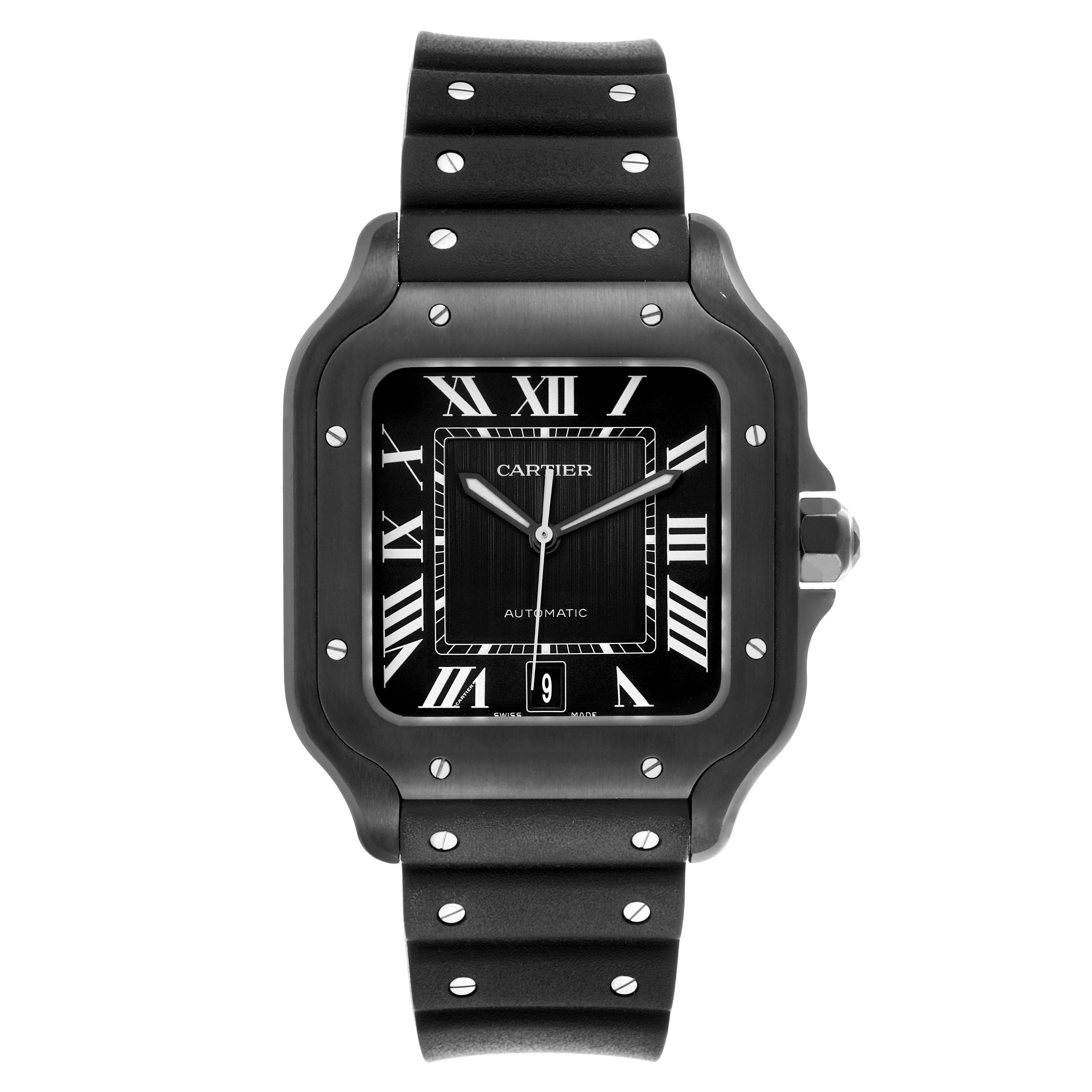 The Cartier Santos WSSA0039 Men's Stainless Steel Black Dial WSSA0039 Men's Stainless Steel Black Dial model is shown from a front view, displaying the face, bezel, case, and strap.