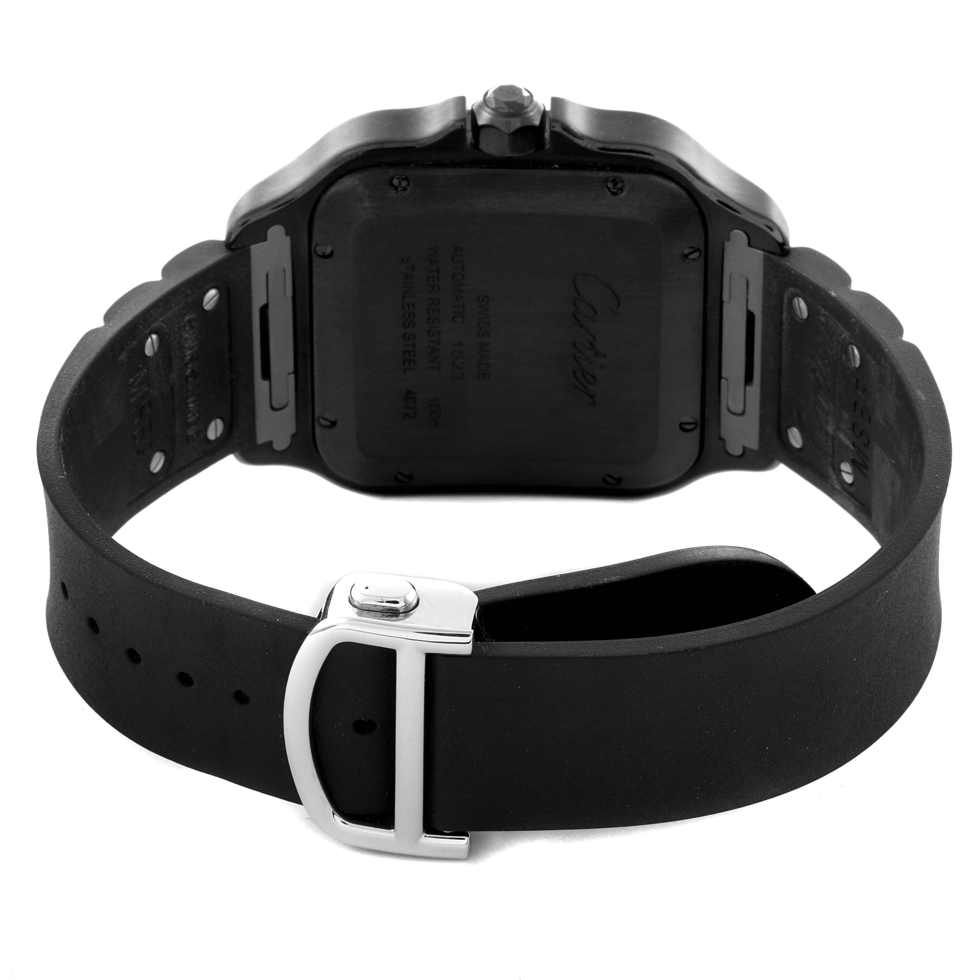 The image shows the back view of a Cartier Santos WSSA0039 Men's Stainless Steel Black Dial WSSA0039 Men's Stainless Steel Black Dial watch, highlighting the case back, strap, and buckle.