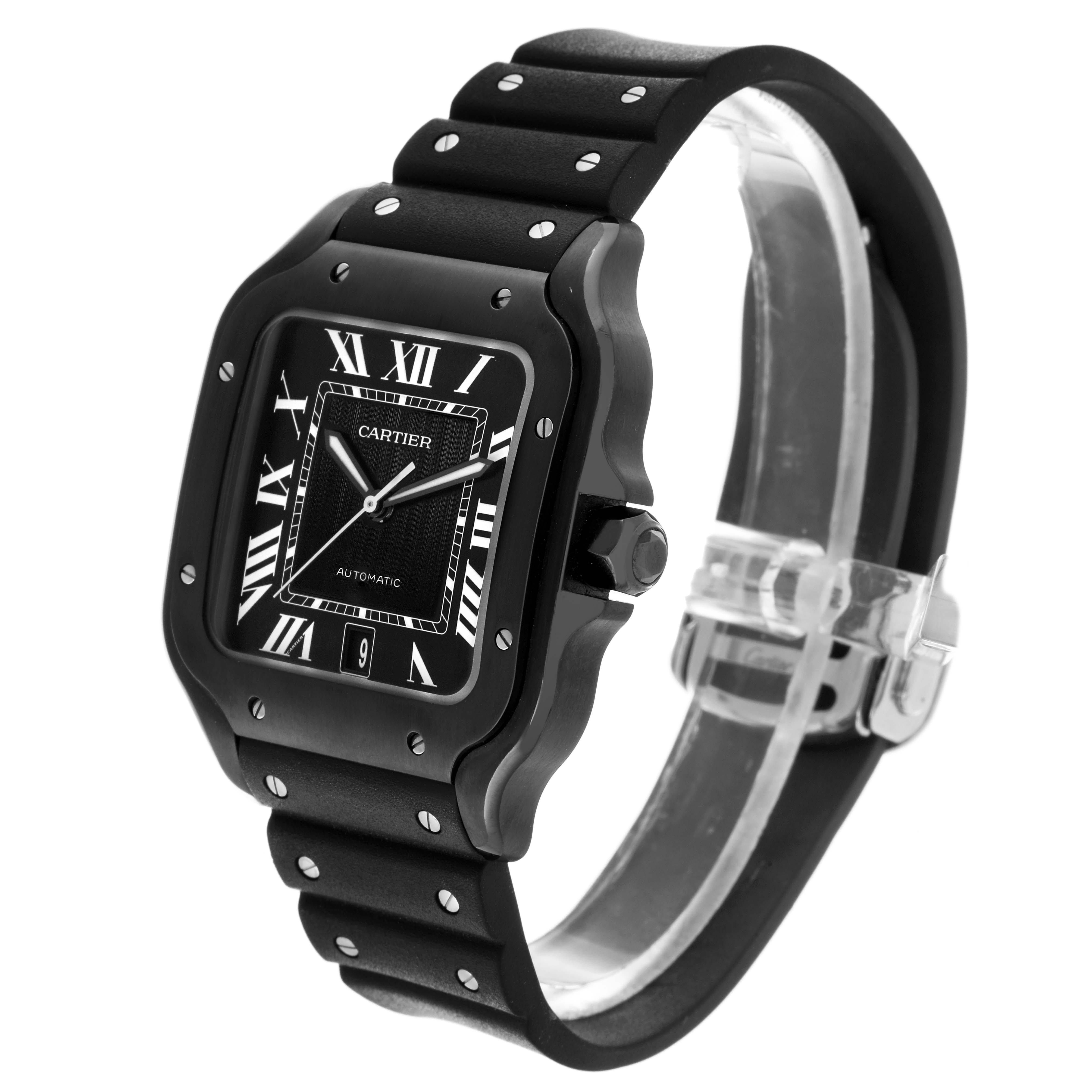 The Cartier Santos WSSA0039 Men's Stainless Steel Black Dial WSSA0039 Men's Stainless Steel Black Dial watch is shown at a three-quarter angle, highlighting the black case, Roman numerals, and strap.
